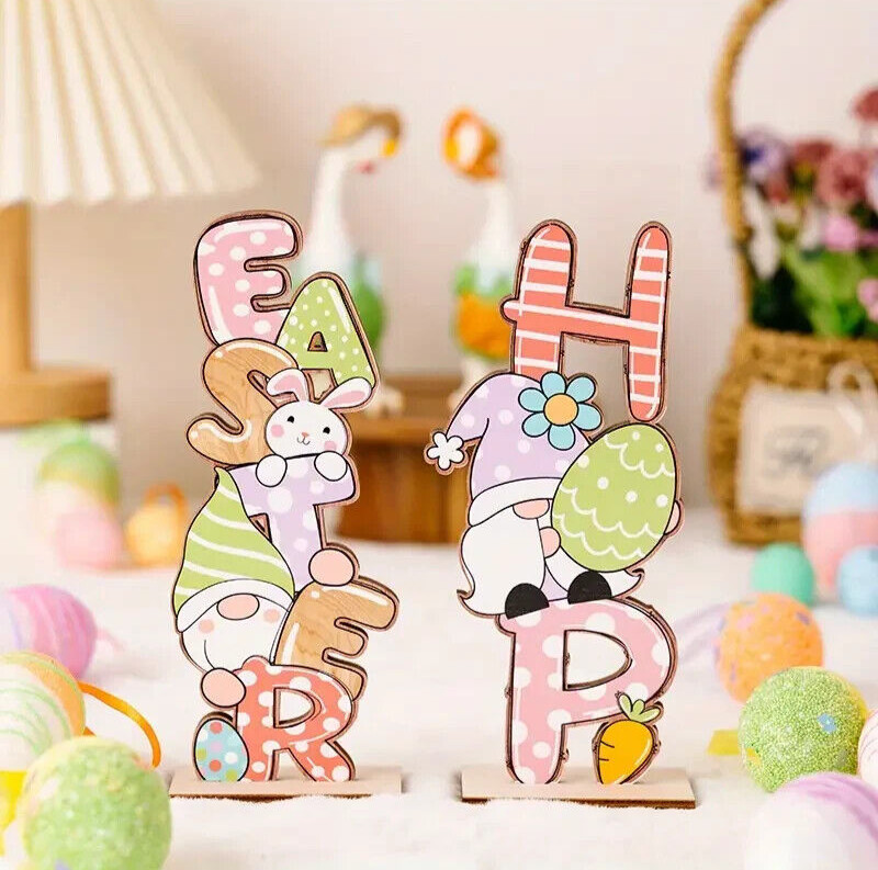 Easter Wooden Table Sign Easter Bunny Gnome Stand Tabletop Decor Set 2