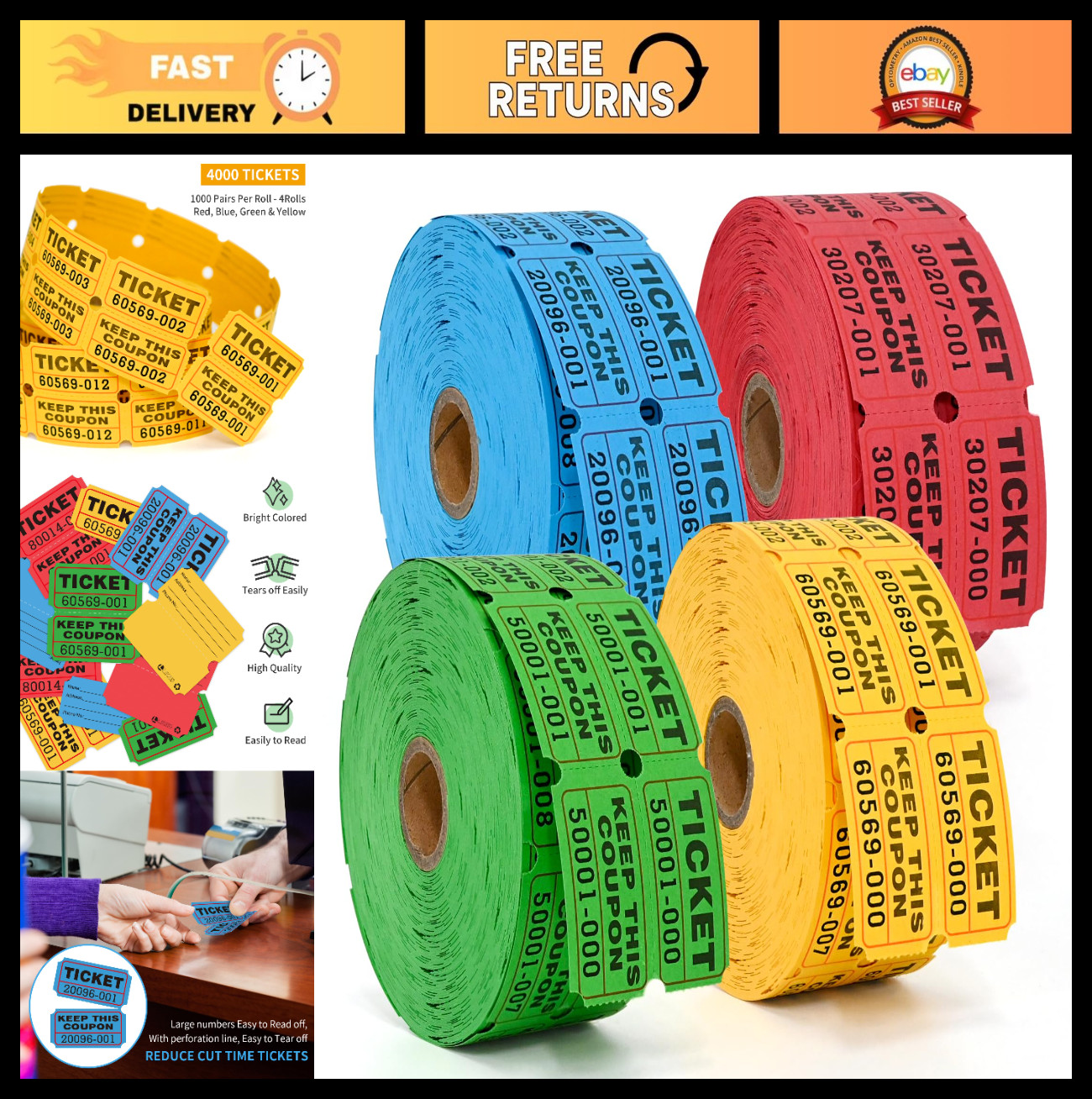 4000 Double Raffle Tickets – 4 Colors (Blue, Yellow, Red, Green) for Events & Fu