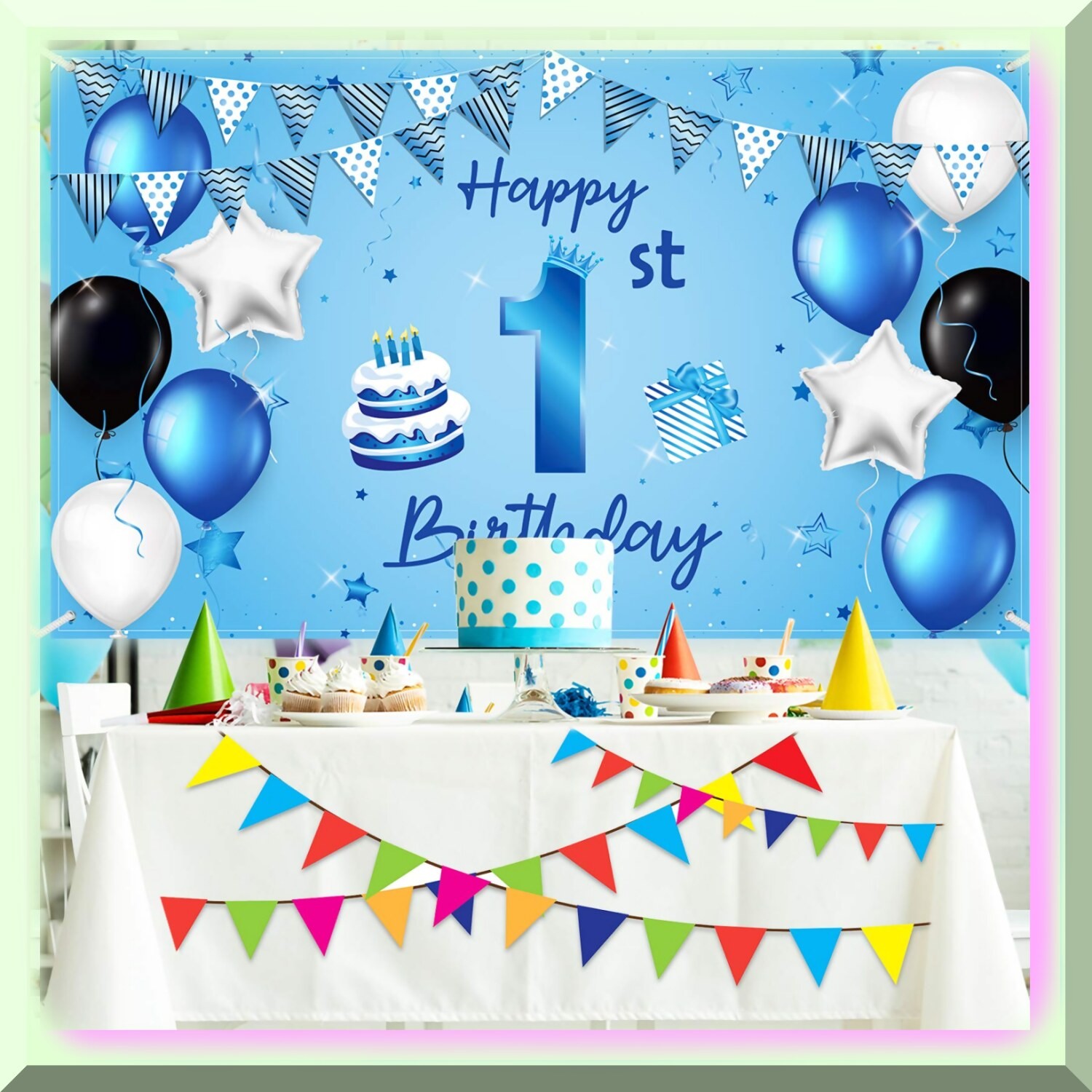 Blue First Birthday Fabric Backdrop with Birthday Decorations