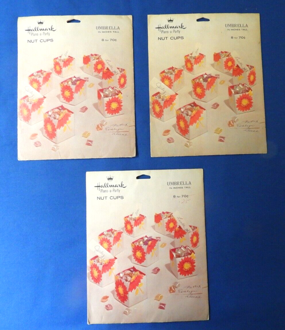 HALLMARK Vintage 8 Umbrella & Flower NUT CUPS 1 7/8″ High 1960s 1970’s (3 Sets)
