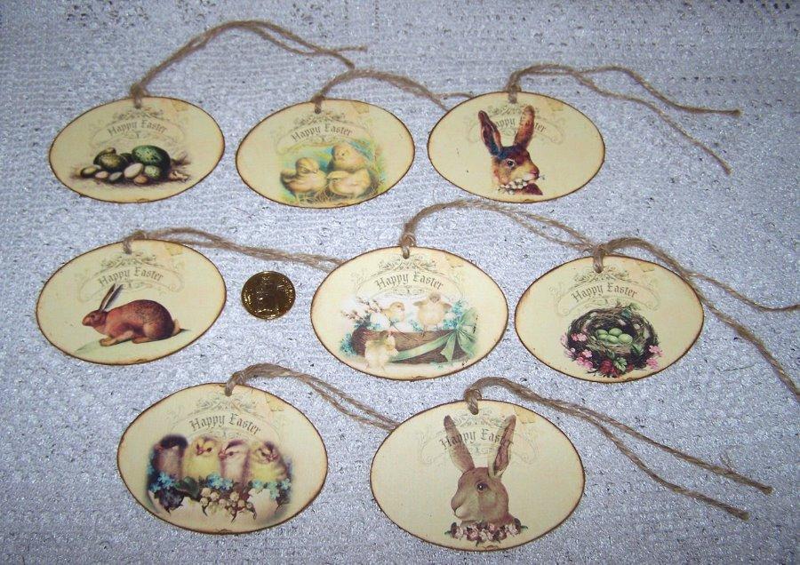 8~Easter~Vintage~Bunnies~Chicks~Eggs~Fussy Cut~Linen Cardstock~Gift~Hang~Tags