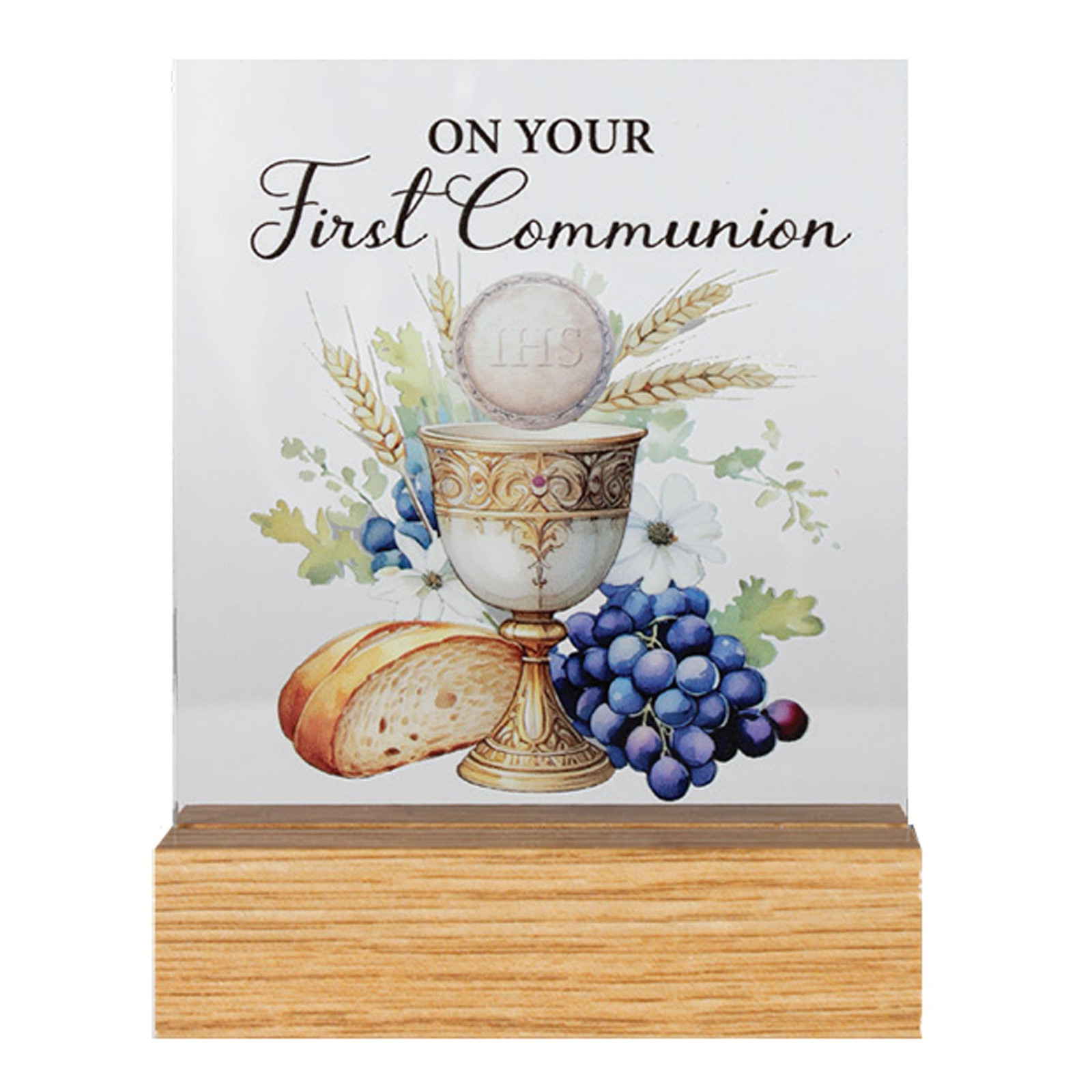 First Communion Glass Plaque on a Wooden Base – Symbolic
