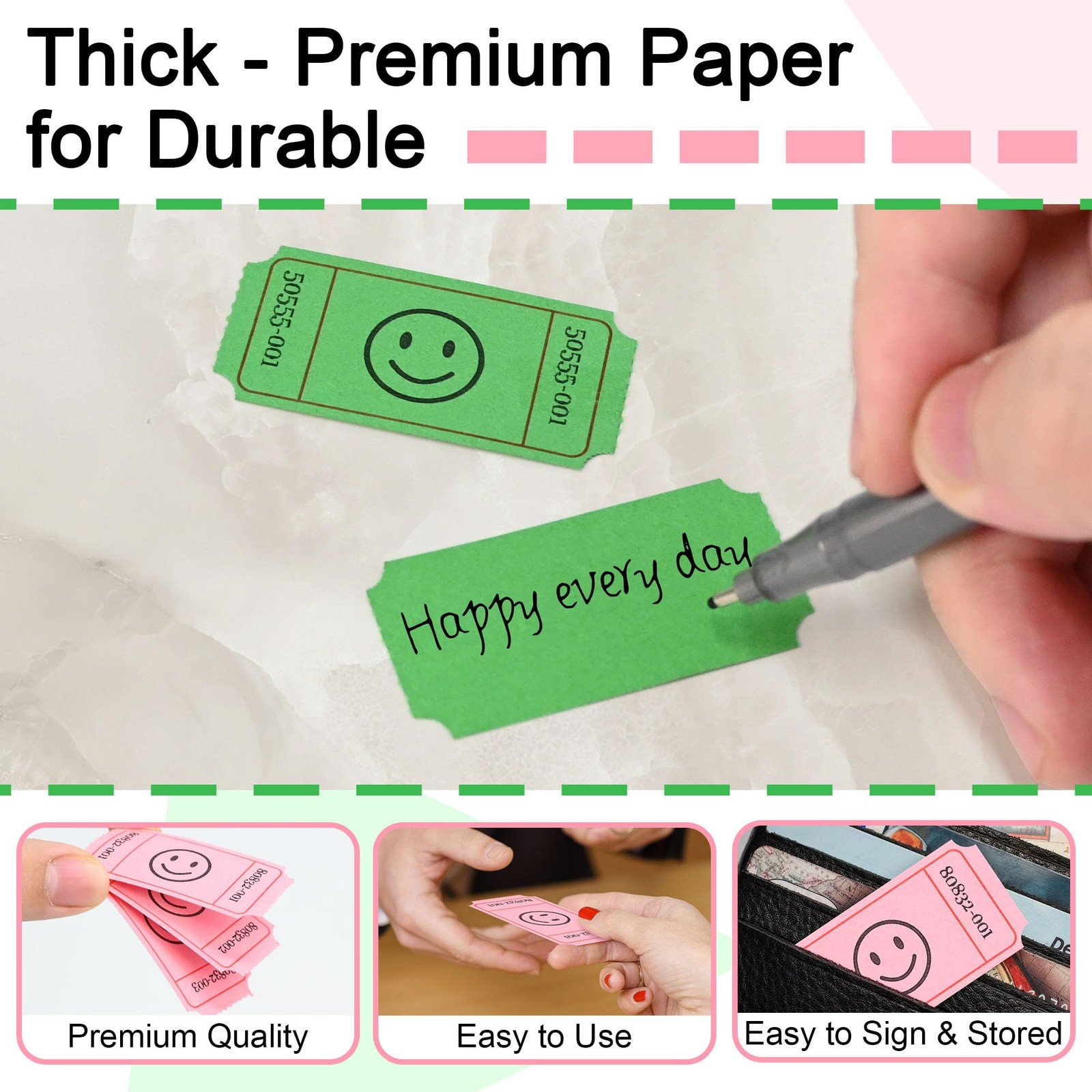 1000 Raffle Tickets, Smile,2 Color Set of 500 1″ x 2″ Single Roll,Tickets for