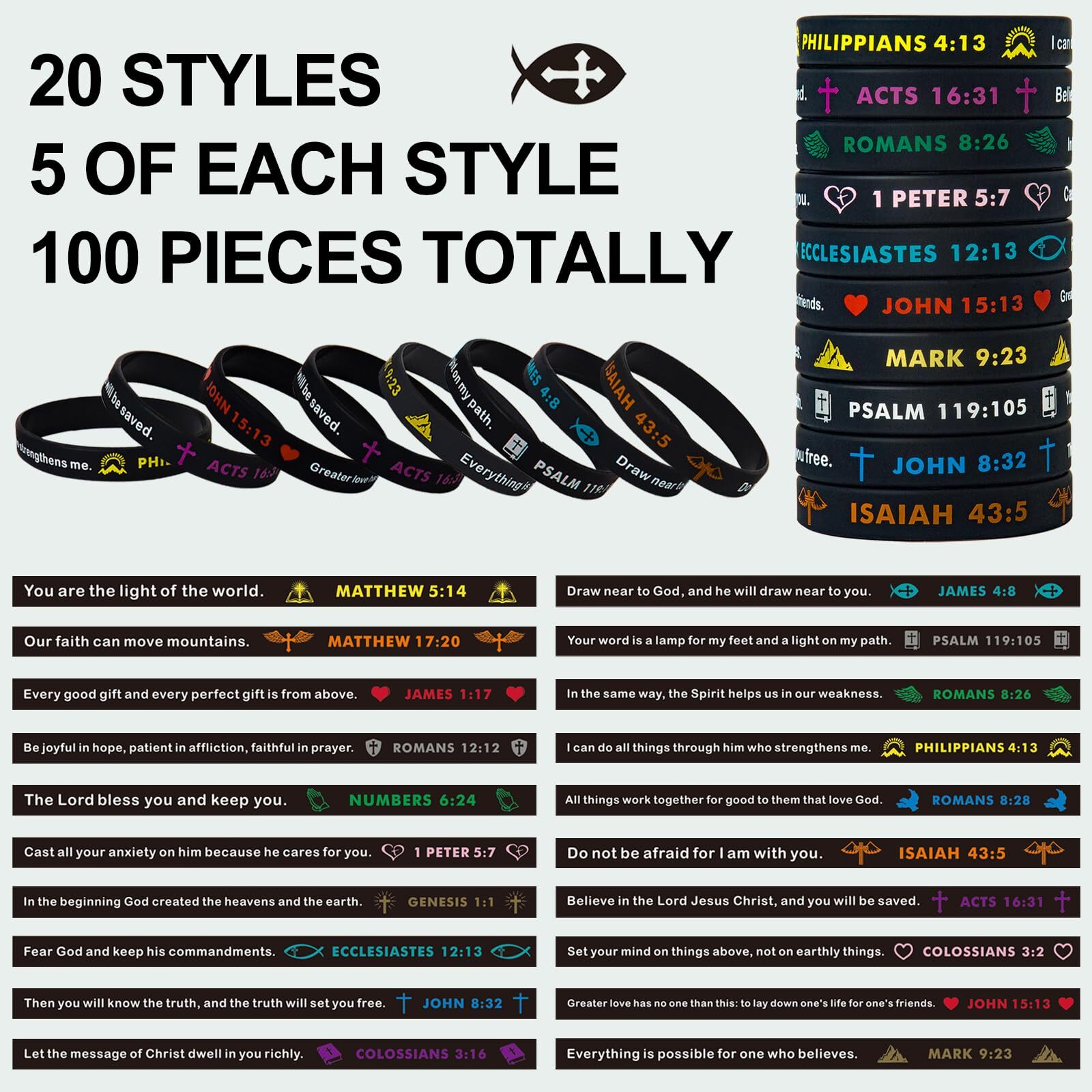 100 Pcs Silicone Religious Wristbands Bible Verse Rubber Bracelets for Men Women