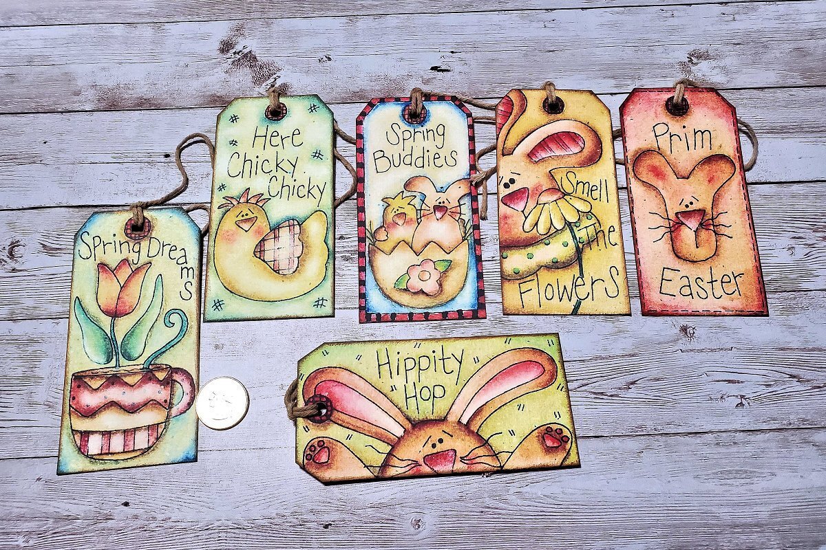 6~Easter~Primitive~Farmhouse~Spring~Linen Cardstock~Gift~Hang~Tags