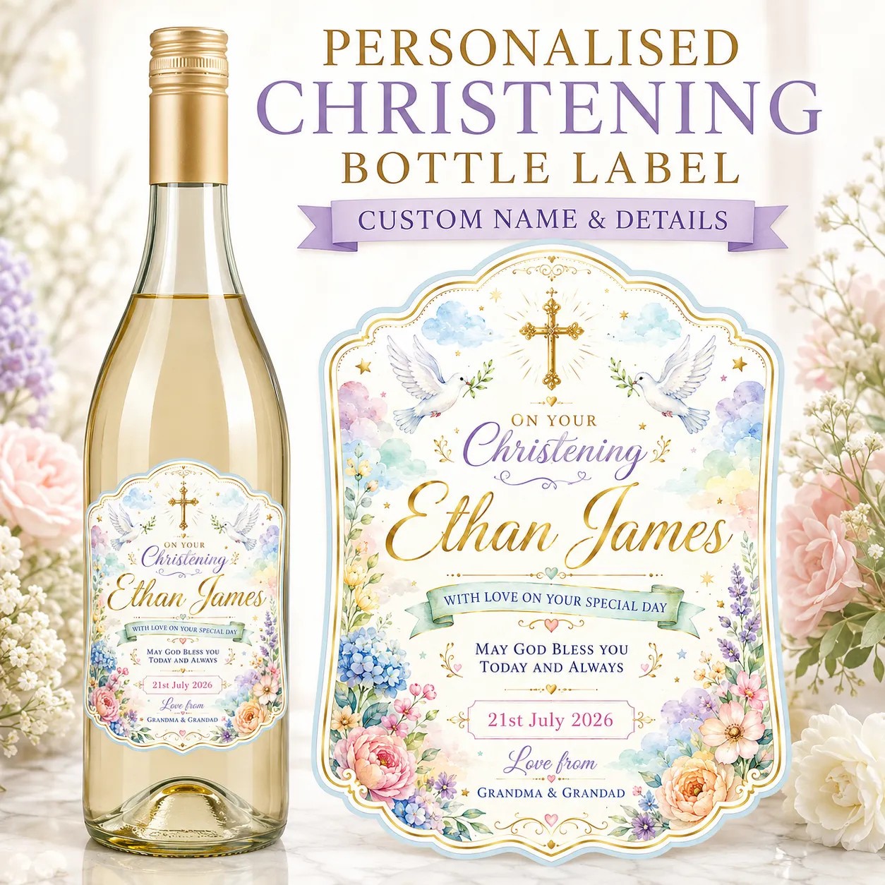 Personalised Christening Bottle Label Sticker Custom Baby Boy Gift Keepsake