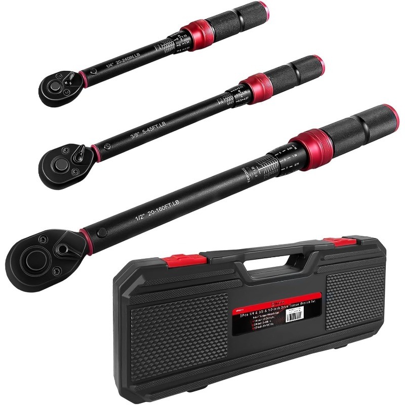 3Pcs Torque Wrench Set, 1/4” & 3/8” & 1/2” Drive Click Torque Wrench, Dual-Di