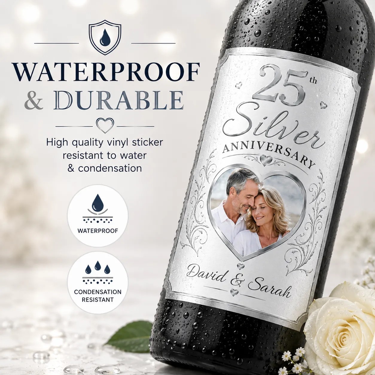 Personalised 25th Silver Anniversary Bottle Label Sticker Custom Photo Gift
