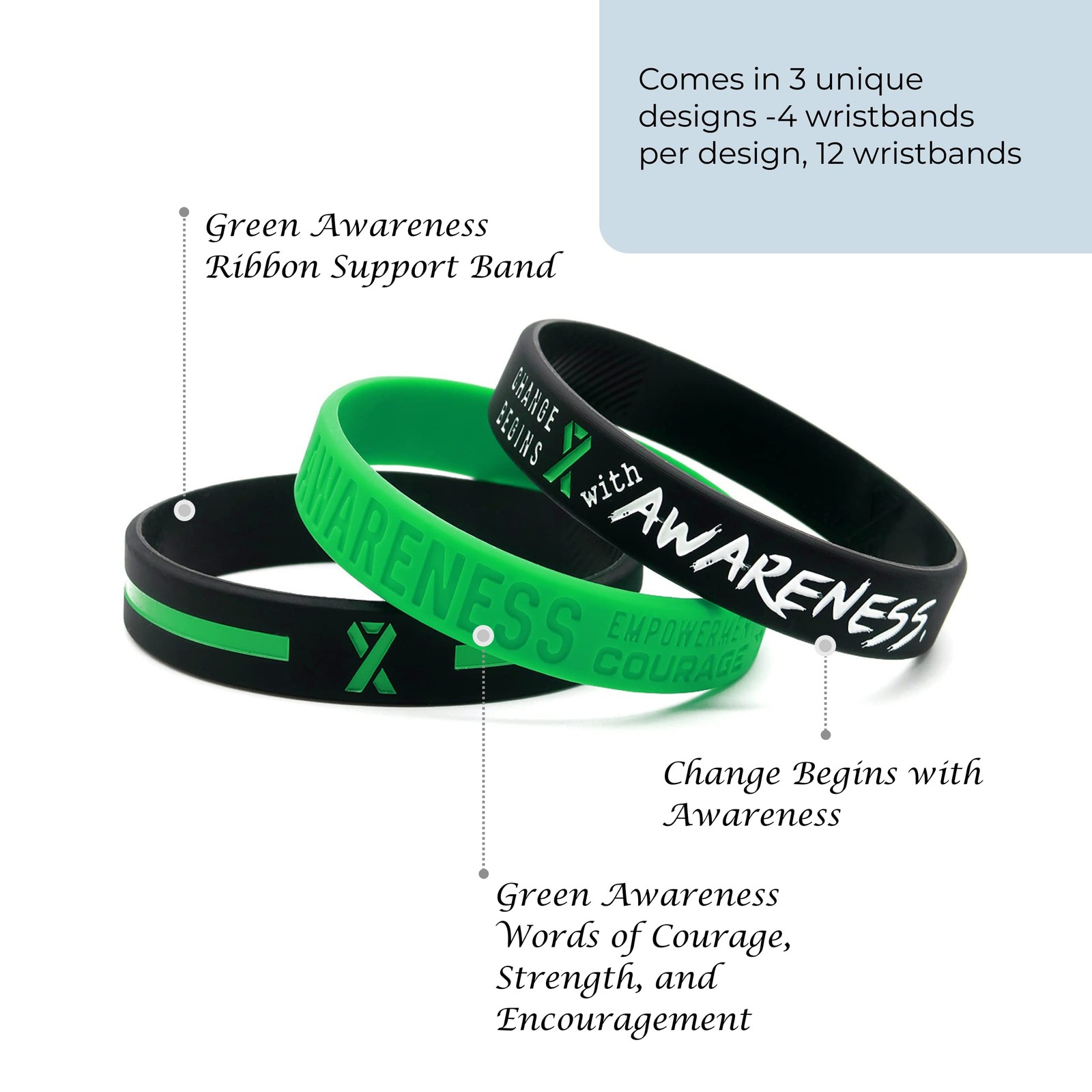 Green Awareness Ribbon Bracelets, Variety Pack – Wholesale Pack of 12 Silicon…