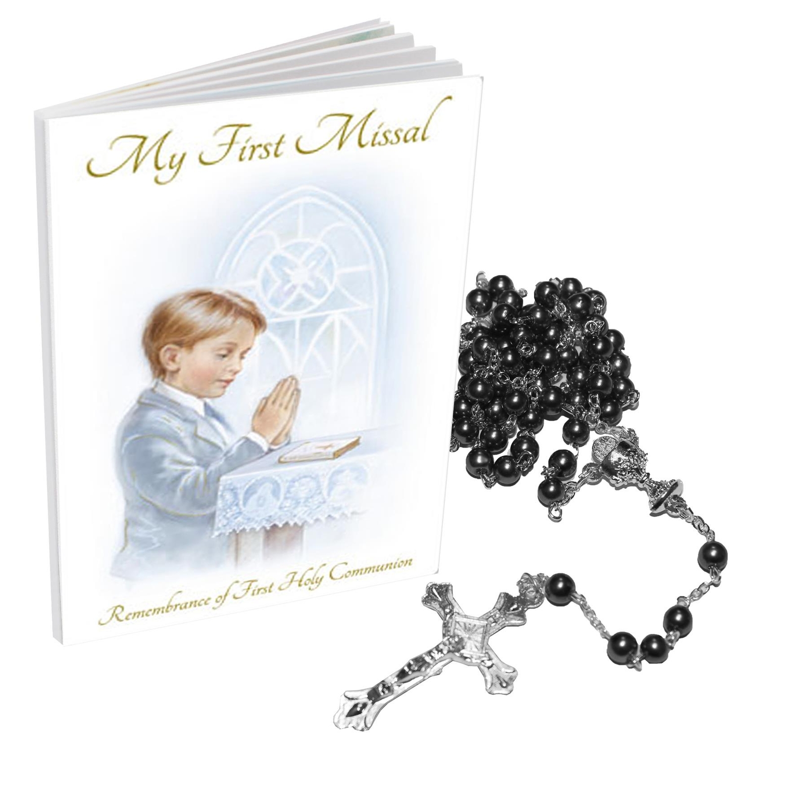 First Holy Communion Boy Missal Book and Charcoal Rosary Bead Gift Set