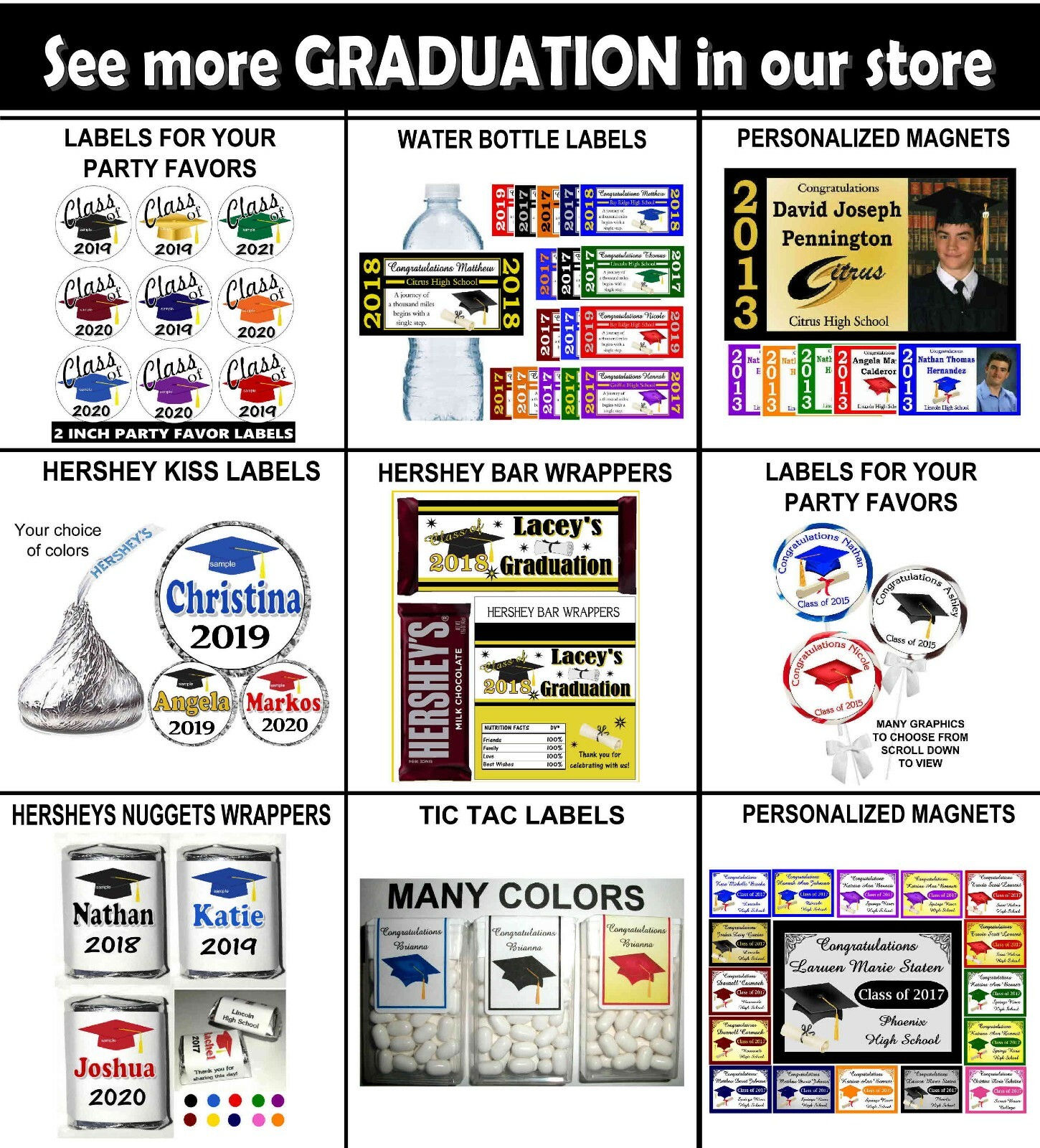 12 GRADUATION PARTY FAVORS PHOTO MAGNETS ~ PERSONALIZED ALL COLORS