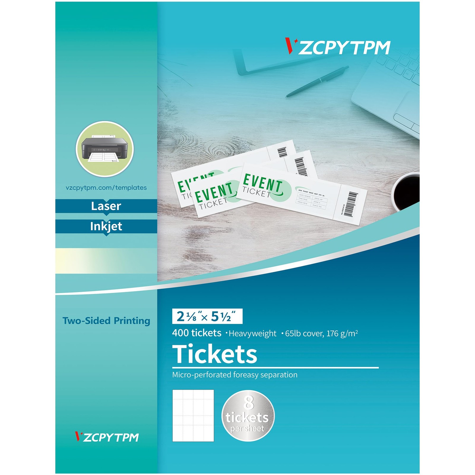 400 Printable Tickets with Tear-Away Stubs2.125×5.5 Inch Custom Raffle Ticket…