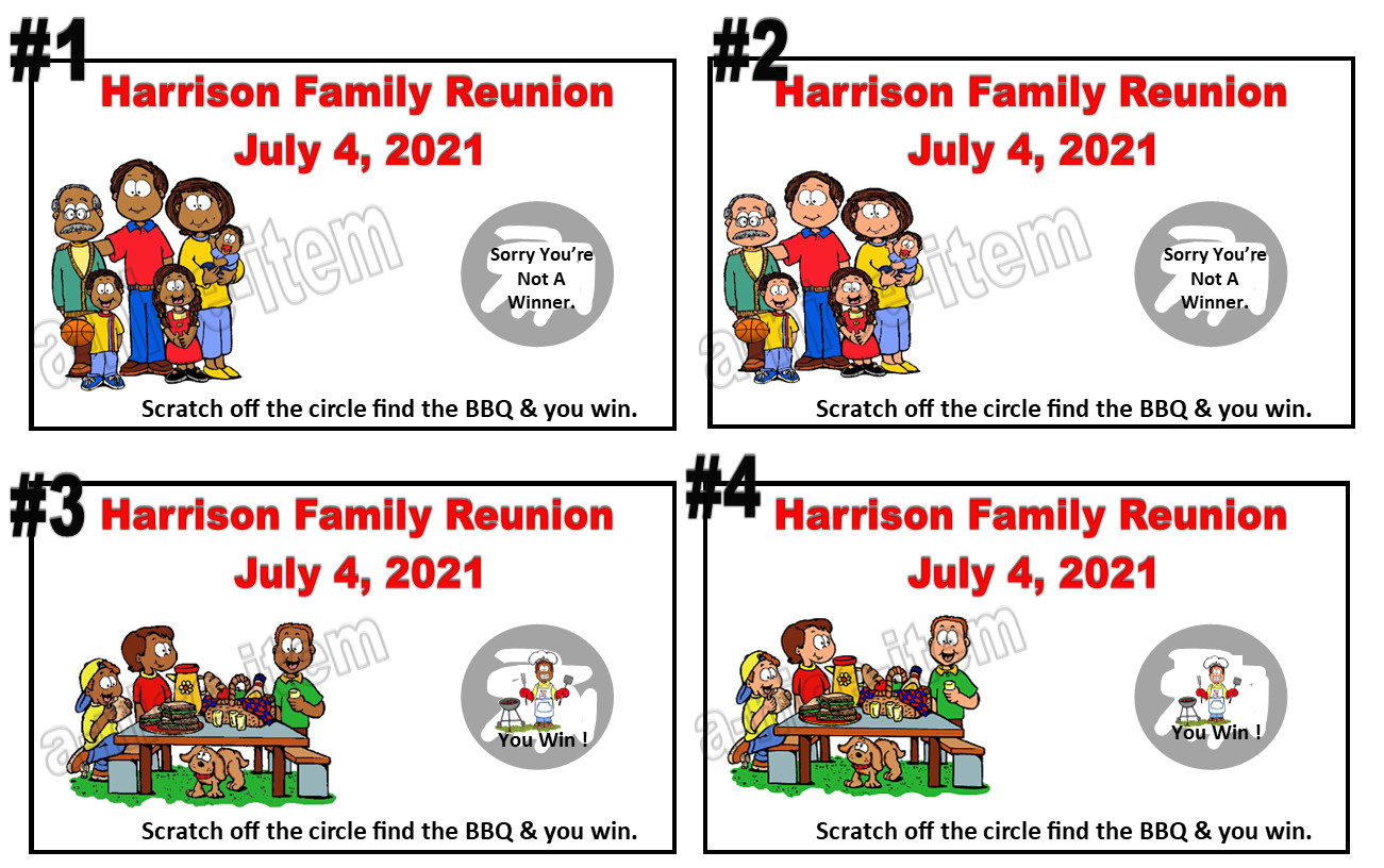 10 FAMILY REUNION SCRATCH OFF party games favors PERSONALIZED cookout BBQ