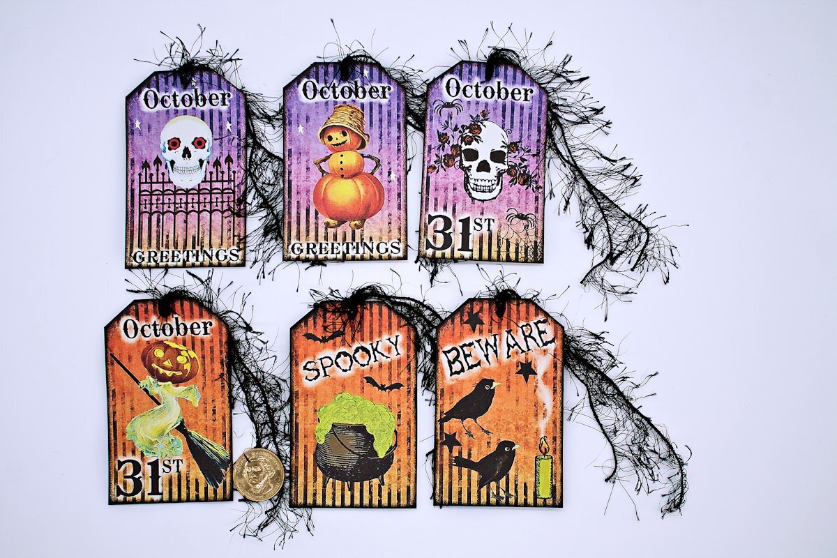 6~Halloween~Vintage Style~Skull~Pumpkin~Linen Cardstock~Gift~Hang~Tags
