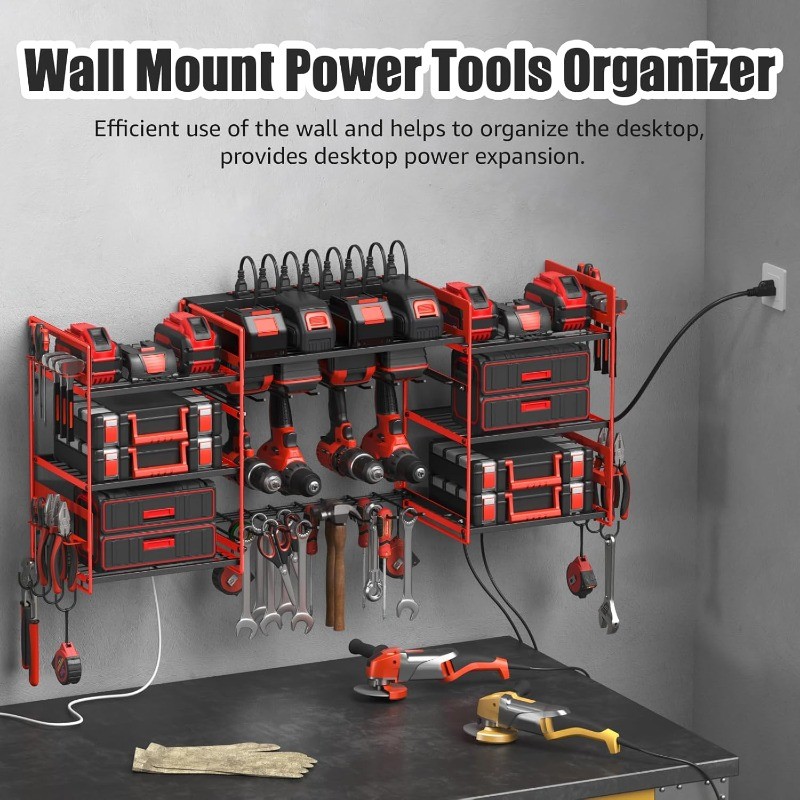 Red Power Tool Organizer Wall Mount, Large Tools and Battery Storage