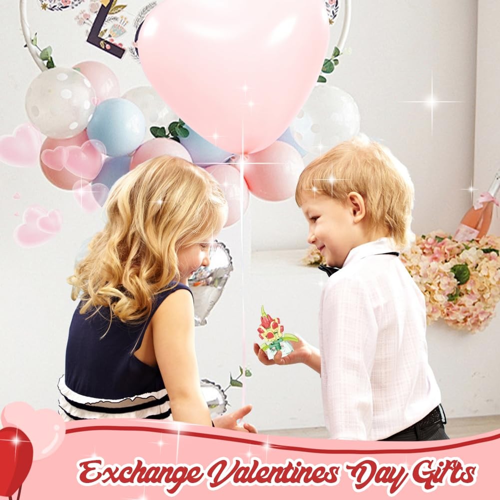 WODMAZ Valentines Day Cards for Kids, 24 Packs Flower Bouquet Building Rose