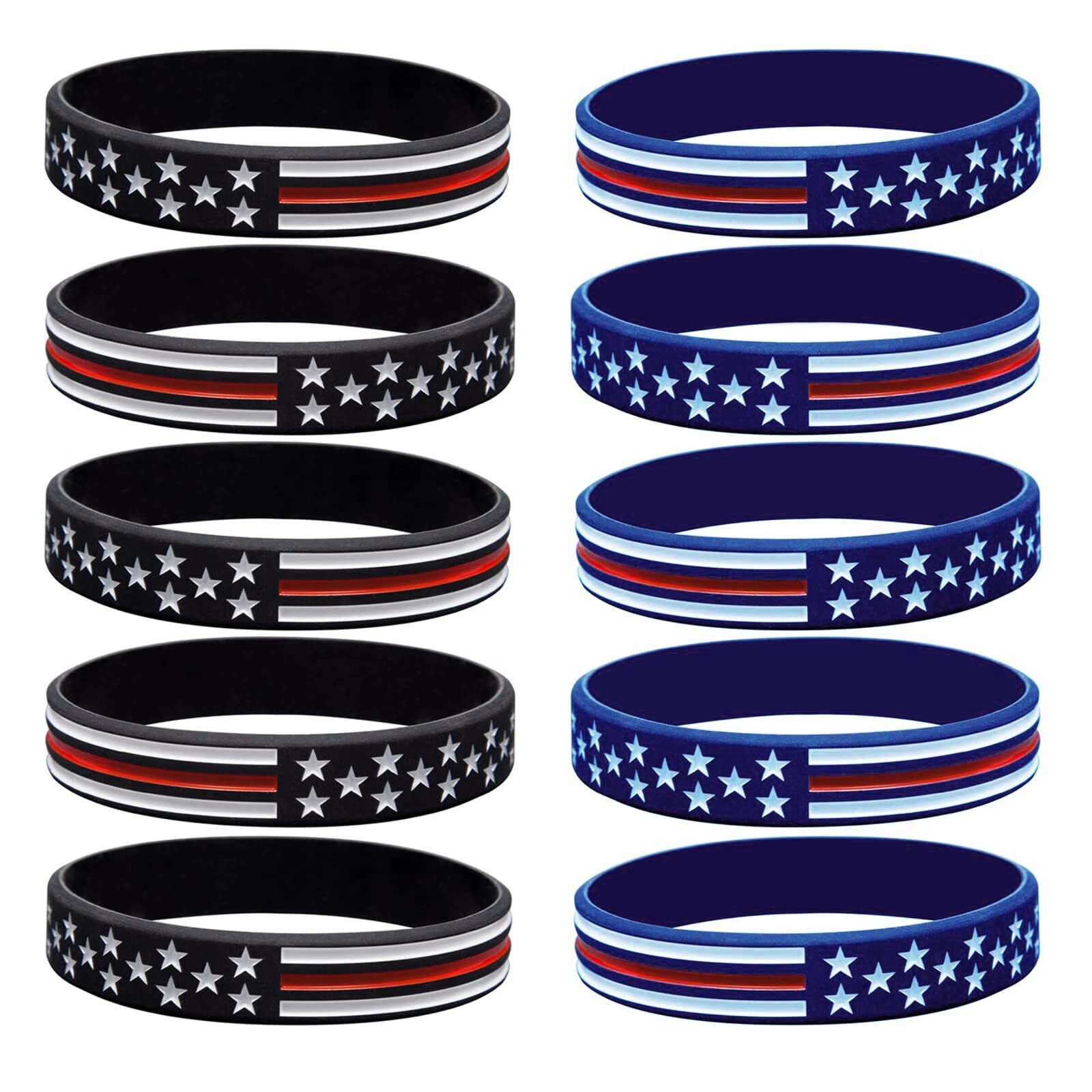 10 Pack Silicone Bracelets with American Flag Rubber Thin Red Line Wristbands