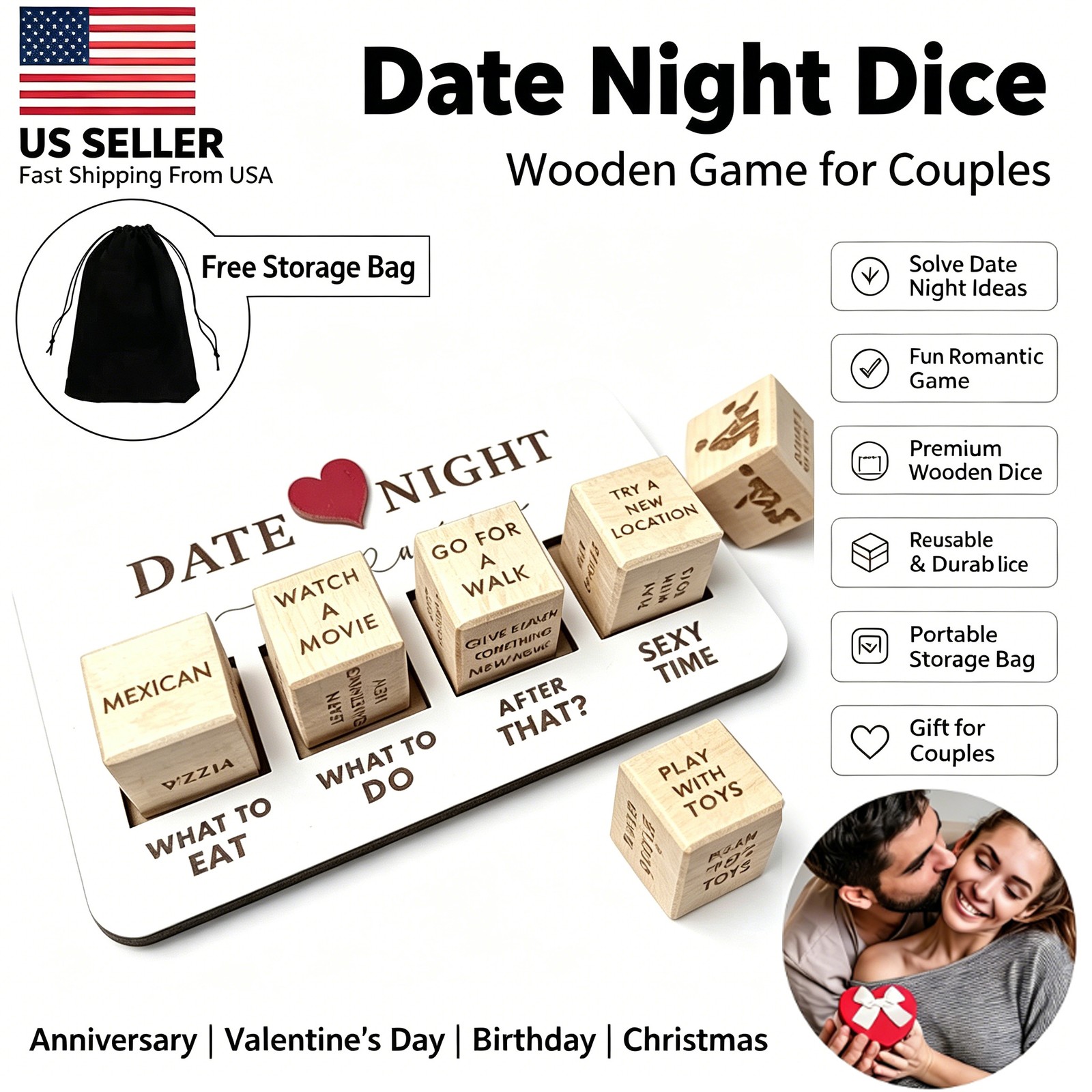 Wooden Date Night Dice Game for Couples Fun, Romantic Decision Dice Gift Lovers
