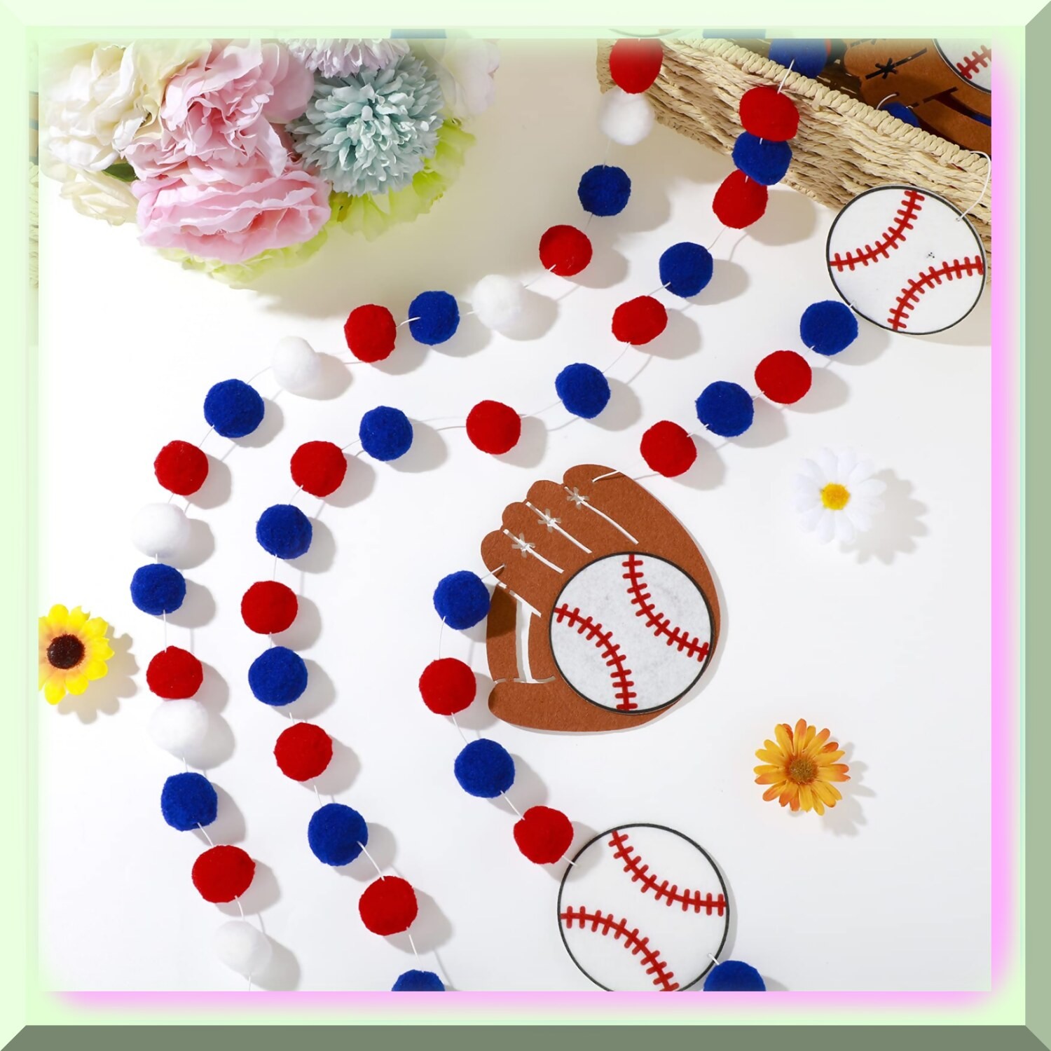 Baseball Pompom Garland Blue Red White 8.2ft