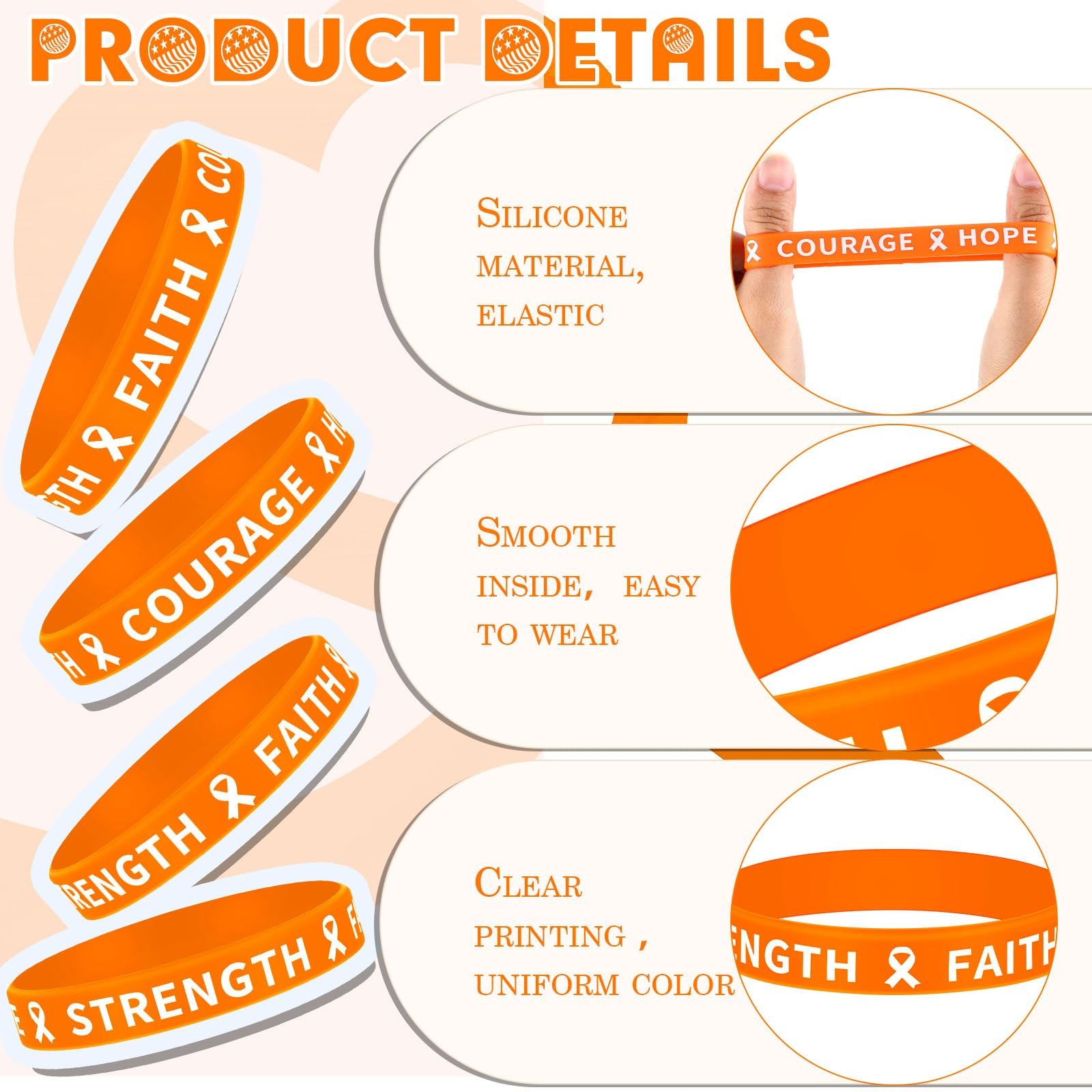 100 Pcs Orange Ribbon Awareness Silicone Bracelets for Leukemia Kidney Cancer