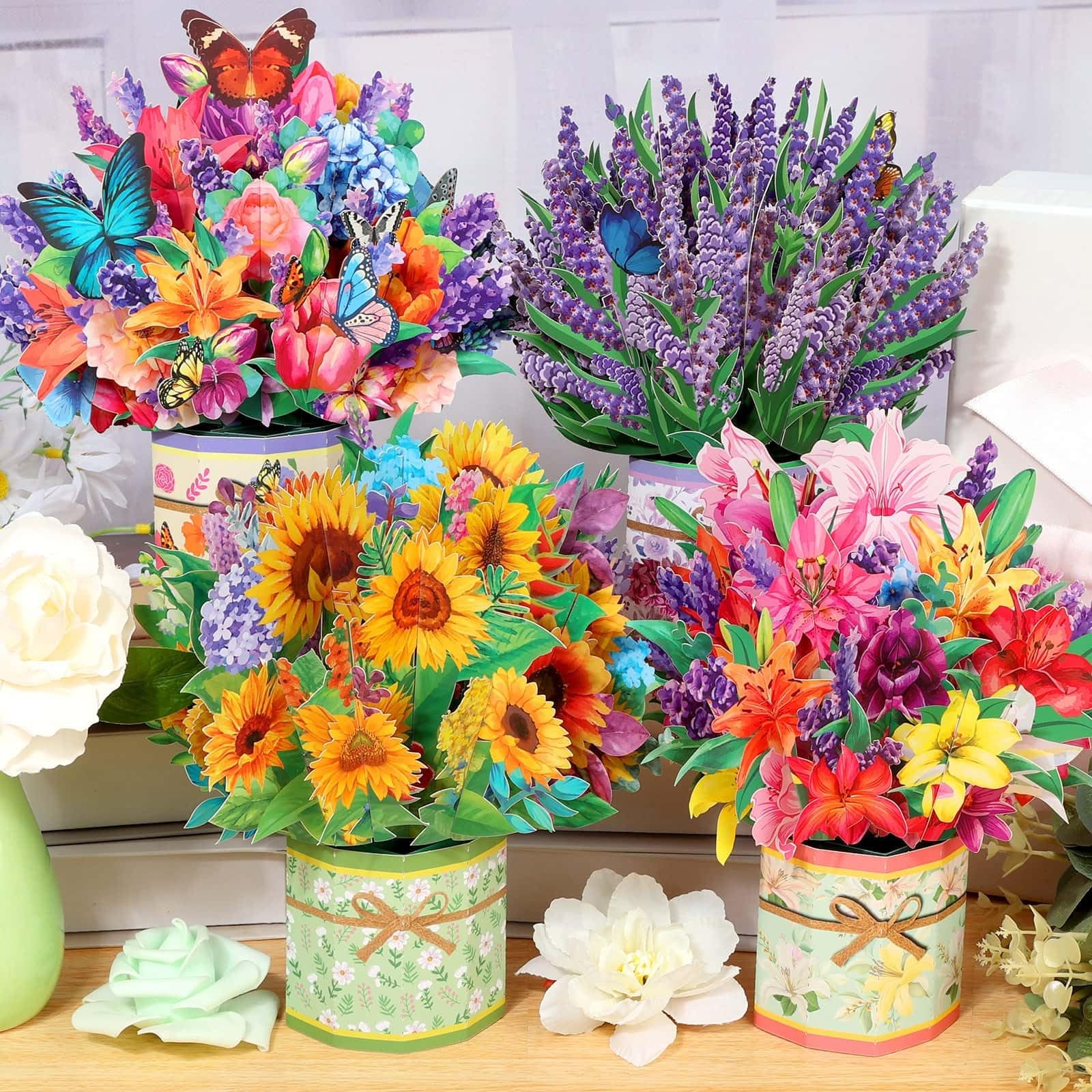 4Pack Paper Flower Pop Up Cards, Bouquet Card 8.5×9 inches, multicolor