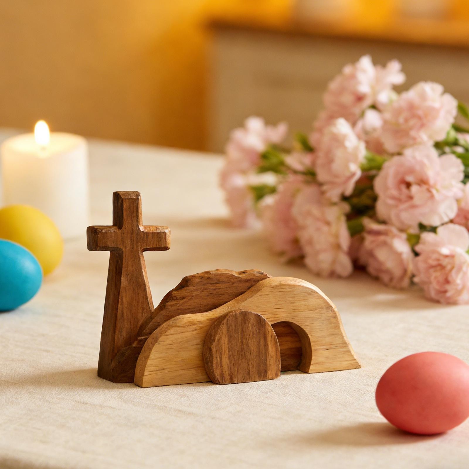 Easter Jesus Nativity Scene Set Wooden Cross Empty Tomb Statue Home Decor