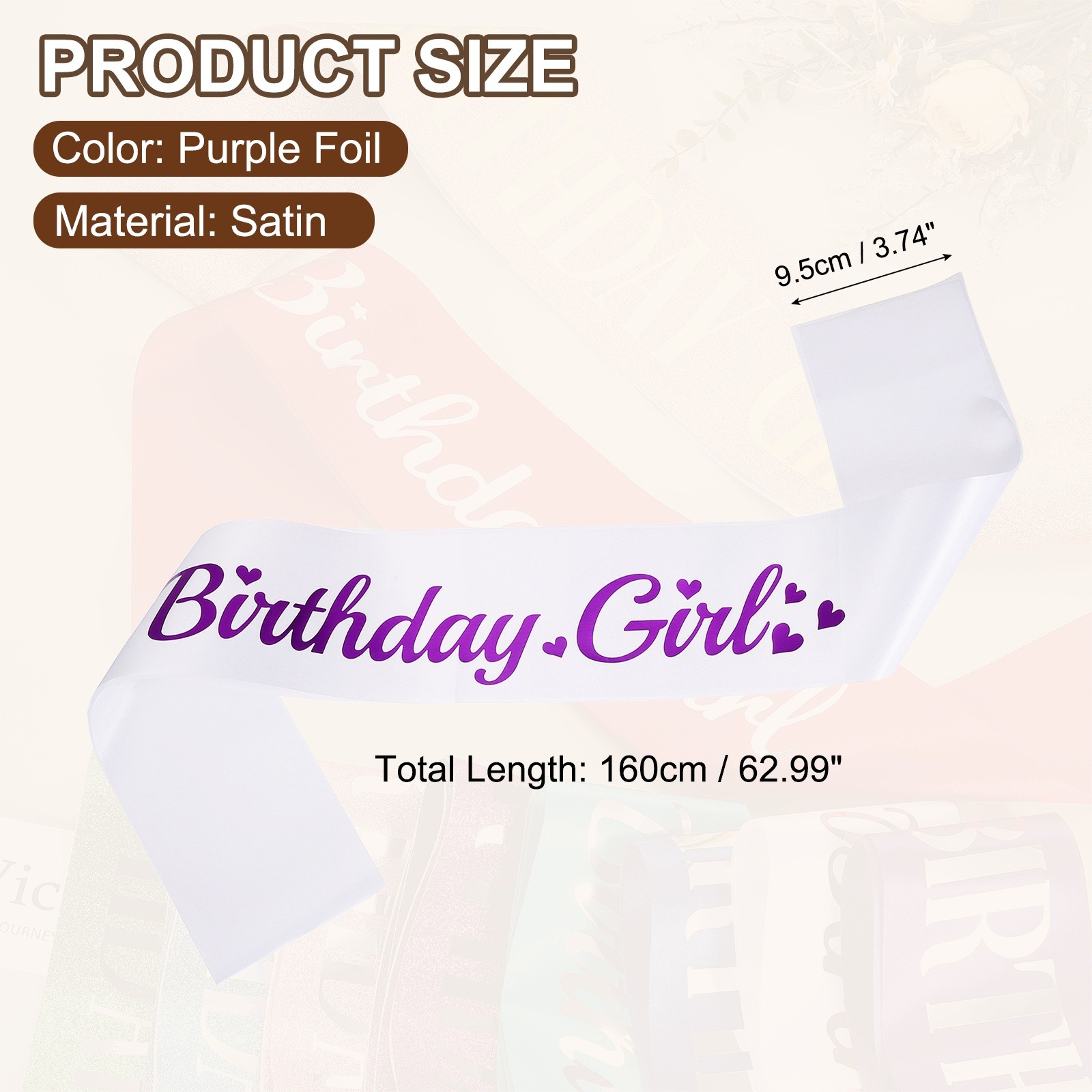 Birthday Girls Sash w/ Pin Purple Foil Lettering for Birthday Party White