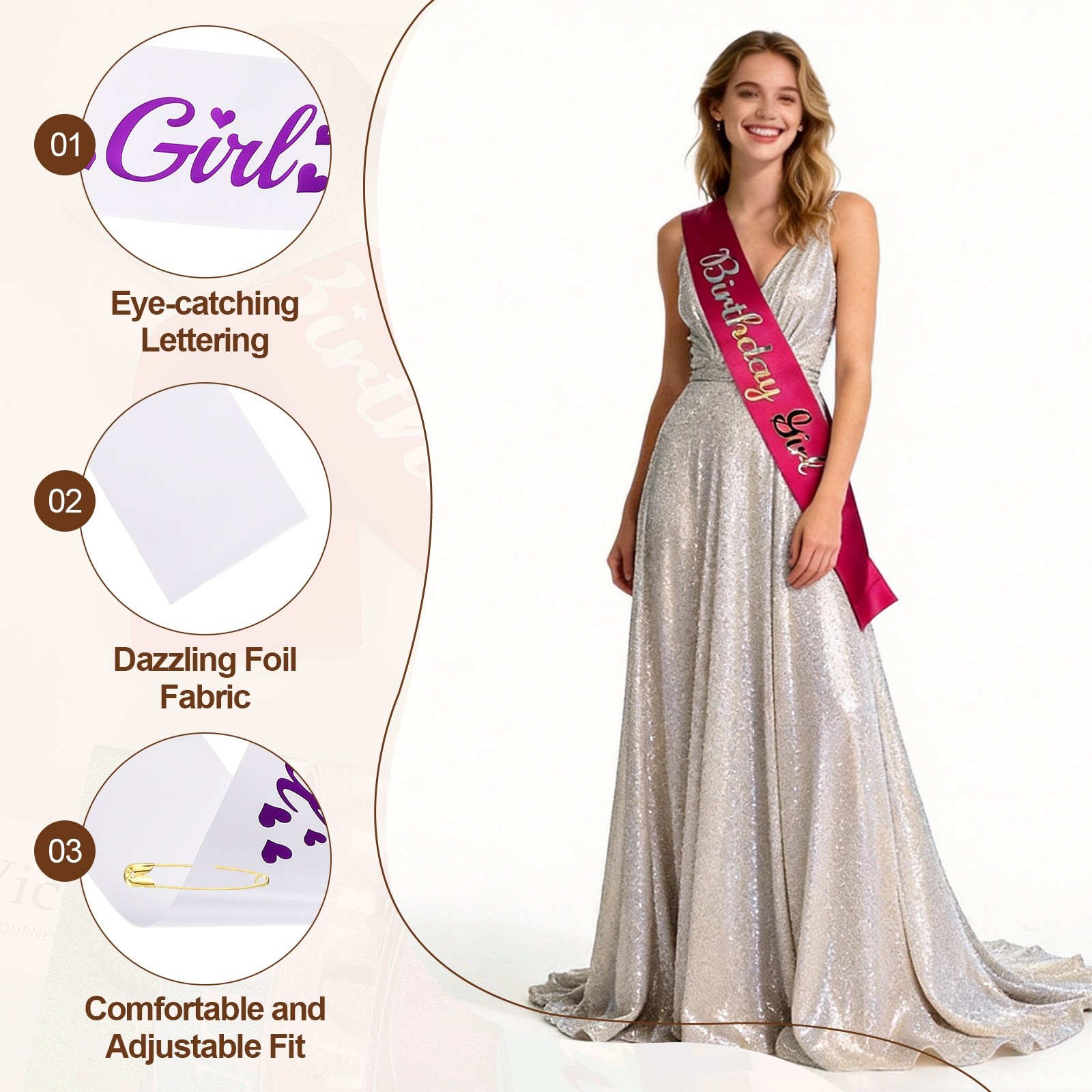Birthday Girls Sash w/ Pin Purple Foil Lettering for Birthday Party White