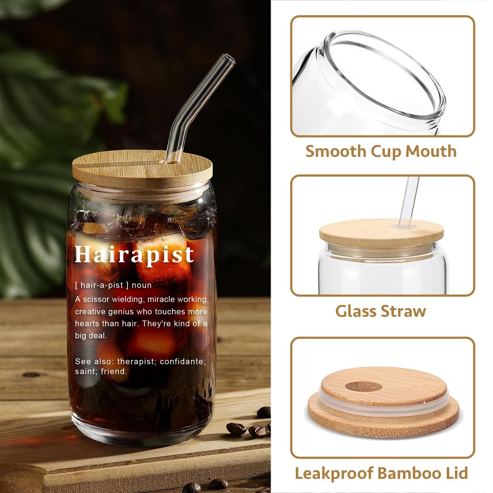 Hairdresser Gifts for Women – Hairapist Glass Cups with Lids and Straws, Barb…