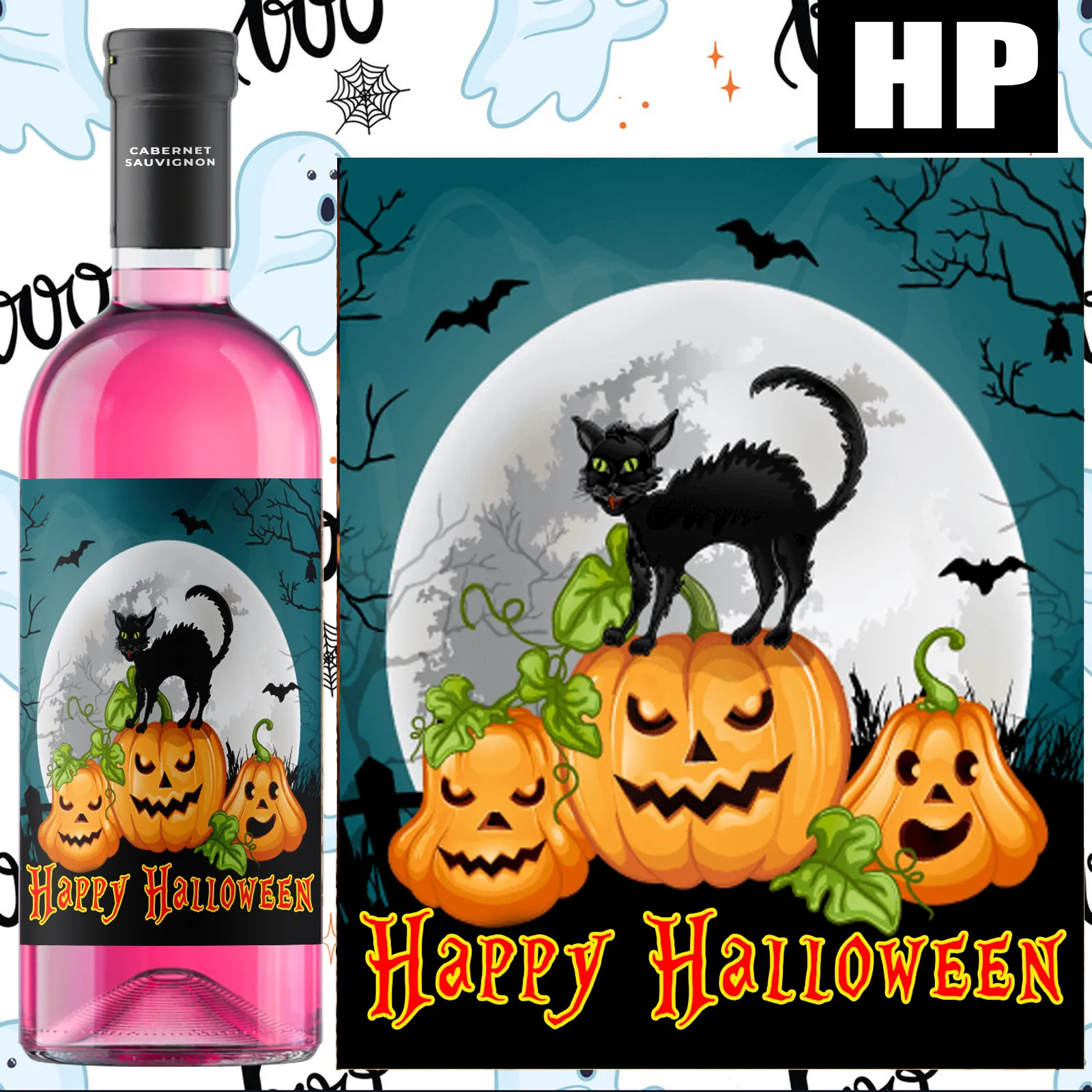 Happy Halloween Bottle Label Black Cat Pumpkin Waterproof Wine Sticker Gift