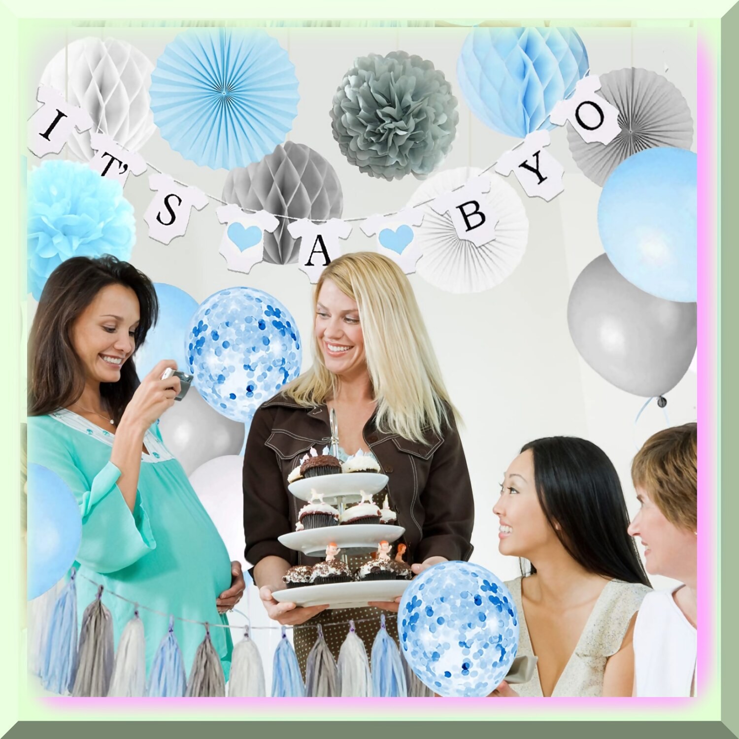 Baby Shower Decor Kit Blue Grey with Banner Fans and Balloons