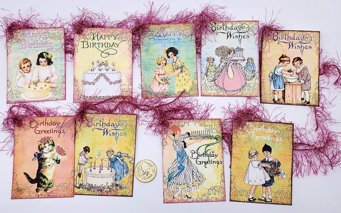 9~Birthday~Handmade~Vintage Style~Linen Cardstock~Gift Tags~Parties~Crafts