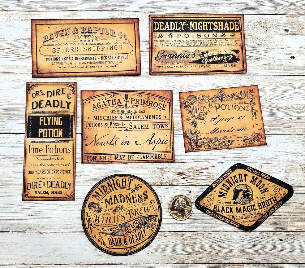 7-Halloween-Vintage-Potion-Bottle-Fussy Cut-Linen Cardstock-Stickers
