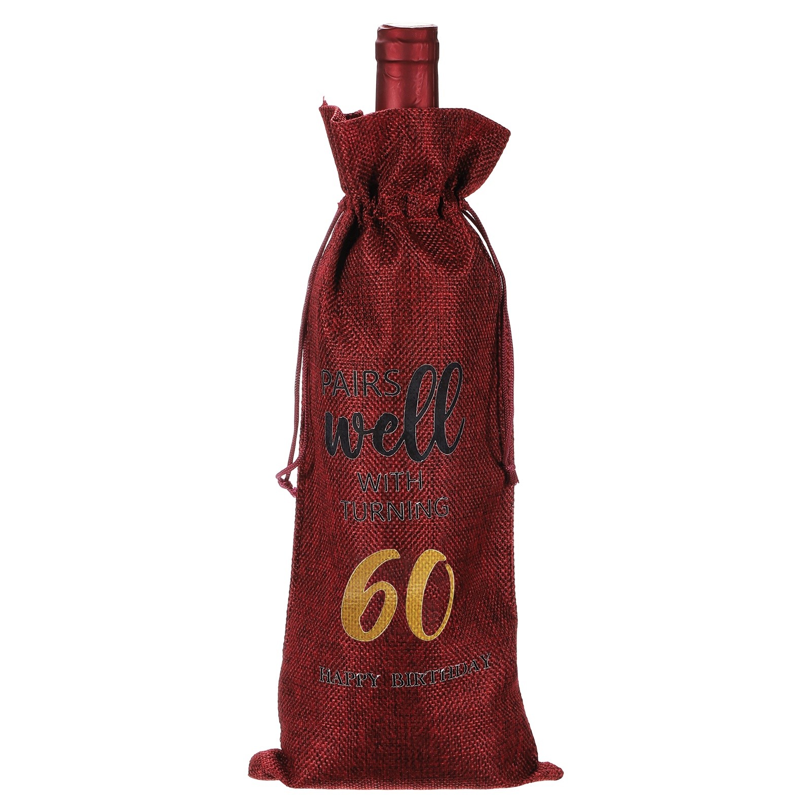6 x 14 Inch 60th Birthday Gift Wine Bottle Bag with Drawstring, Red