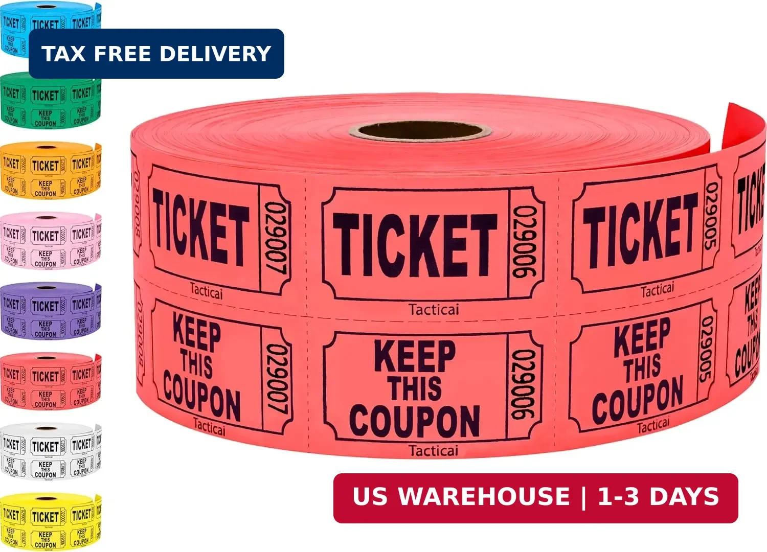 1000 Tacticai Raffle Tickets, Red (1 of 8 Colors), Double Roll, Ticket for Event