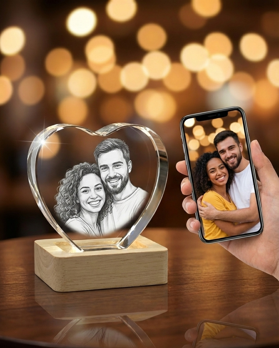 Personalised 3D Crystal Photo Laser Engrave etched picture Love Heart shape