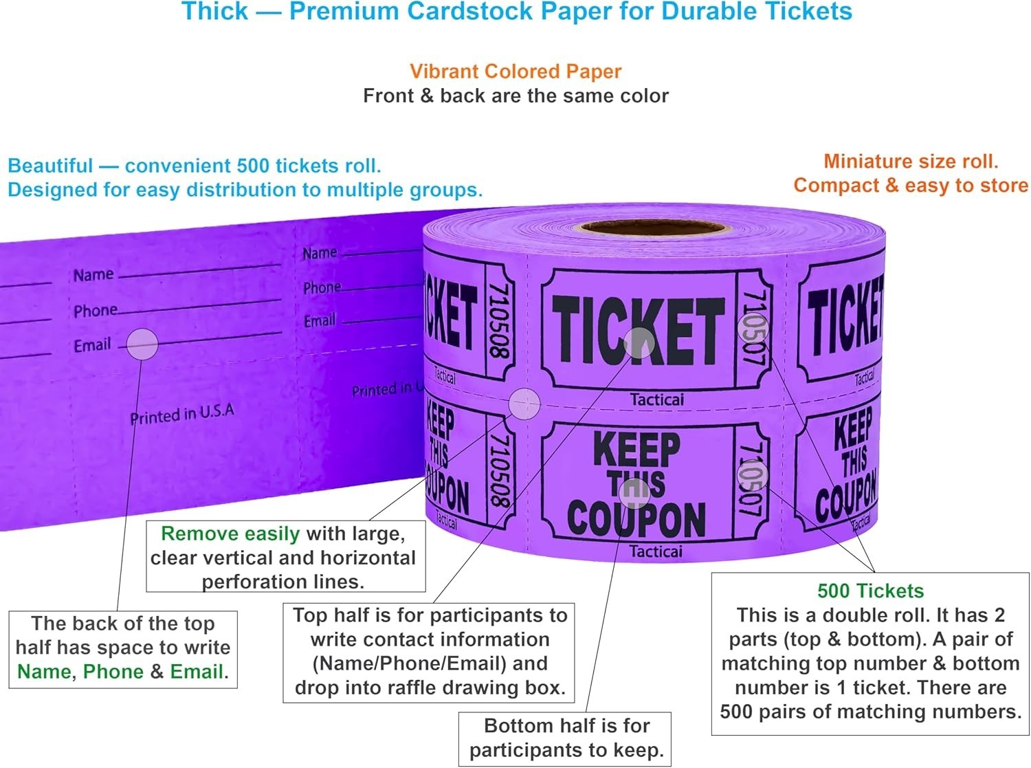 Vibrant 500 Purple Raffle Tickets with Writable Back – Ideal for Fundraising