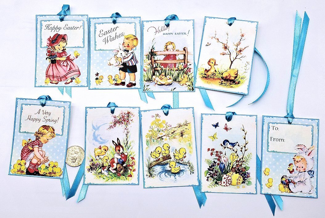 9-Easter-Retro-Mid Century-1950’s-Bunnies-Chicks-Linen Cardstock-Gift-Hang-Tags