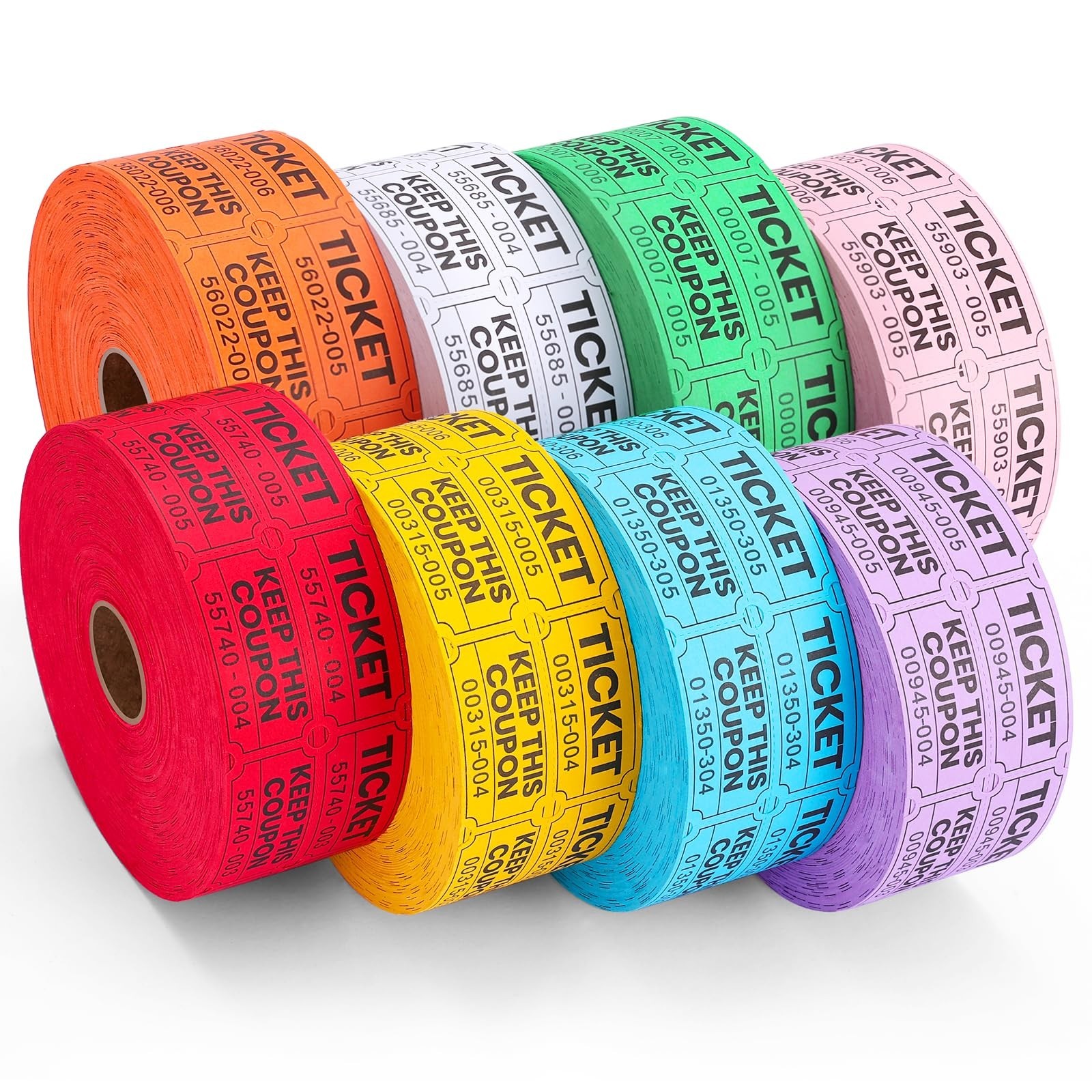 8000 Raffle Tickets – 50/50 Double Rolls, 8 Colors, 1000 Tickets Each for Events