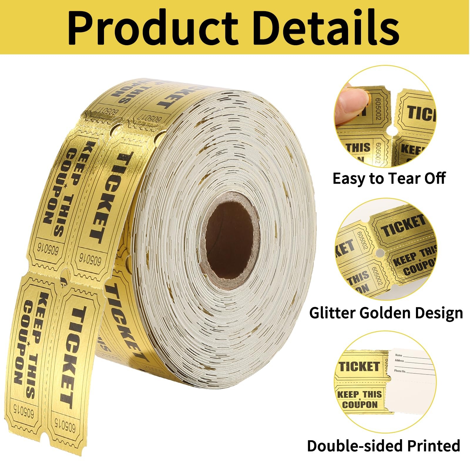 4000 PCS Raffle Tickets 4 Rolls Gold Metallic Foil Double Roll For Events