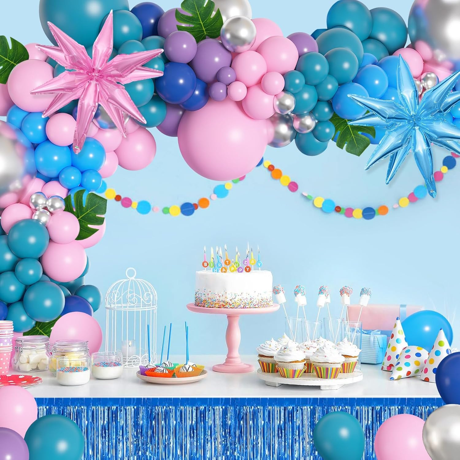 157Pcs Pink Blue Balloon Arch Garland Kit with Table Skirt Purple Metallic Silve