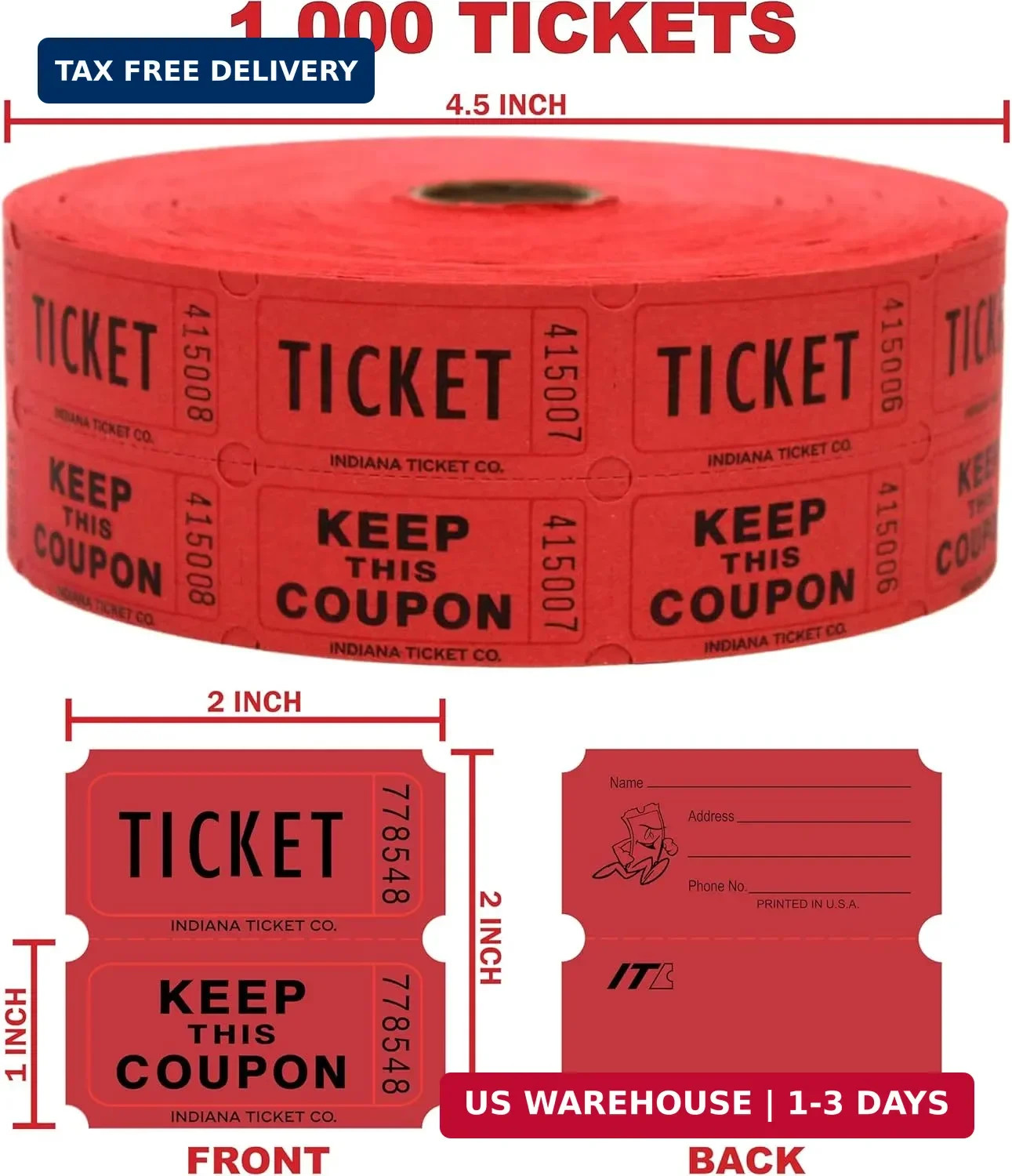 1,000 Red Raffle Tickets Double Roll – Events, Fundraiser, Ca