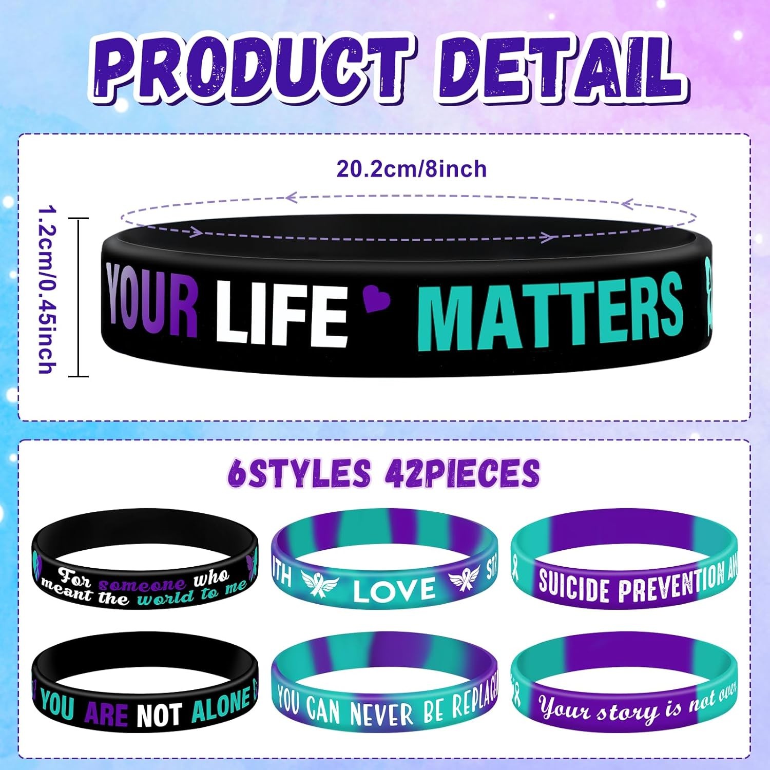 JUNEBRUSHS 42pcs Suicide Prevention Awareness Silicone Bracelets Multicolor