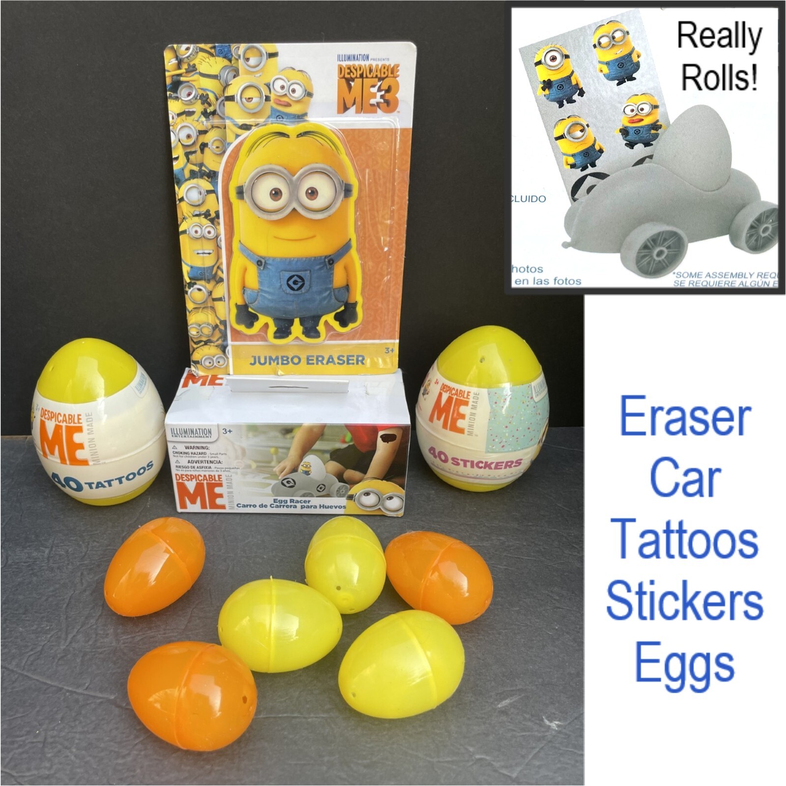 Easter Basket Lot: Minions Egg Racer Car*Tattoos*Stickers*Eraser + Fillable Eggs