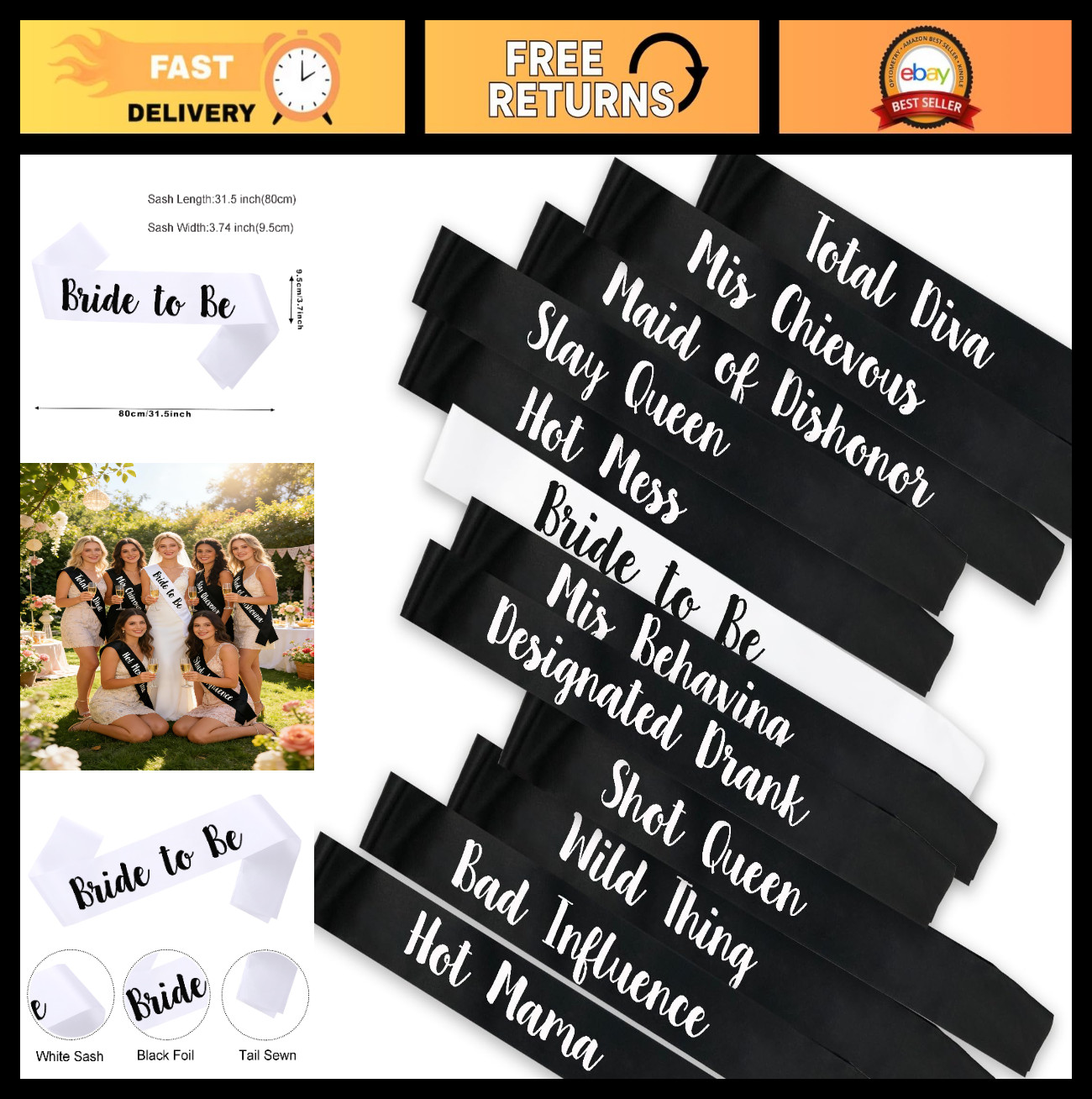 12 PCS Bachelorette Party Sashes Set, Bride & Bridesmaid Sashes, Black Decor Gif