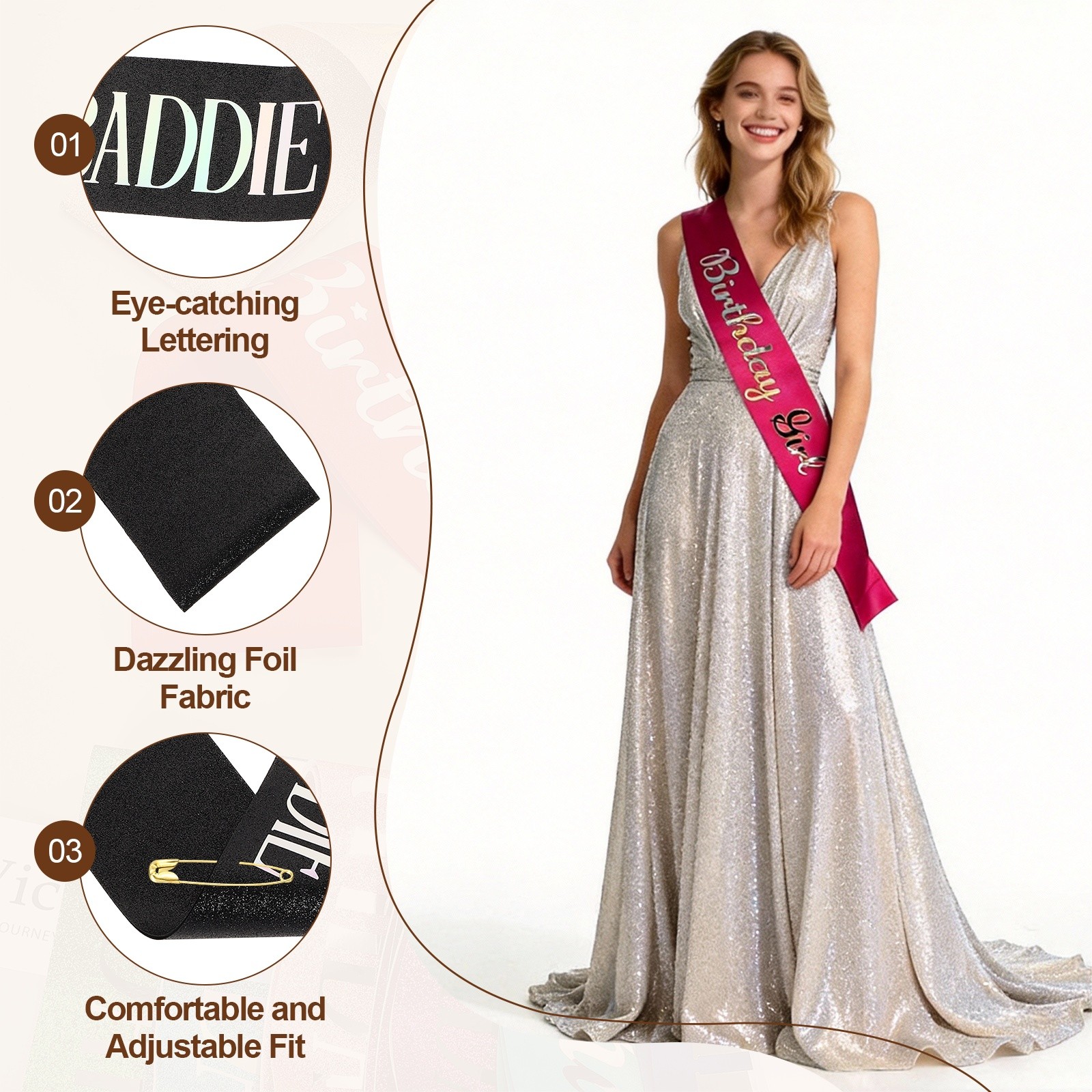 Birthday Baddie Sash with Pin Colorful Foil Lettering for Party, Black