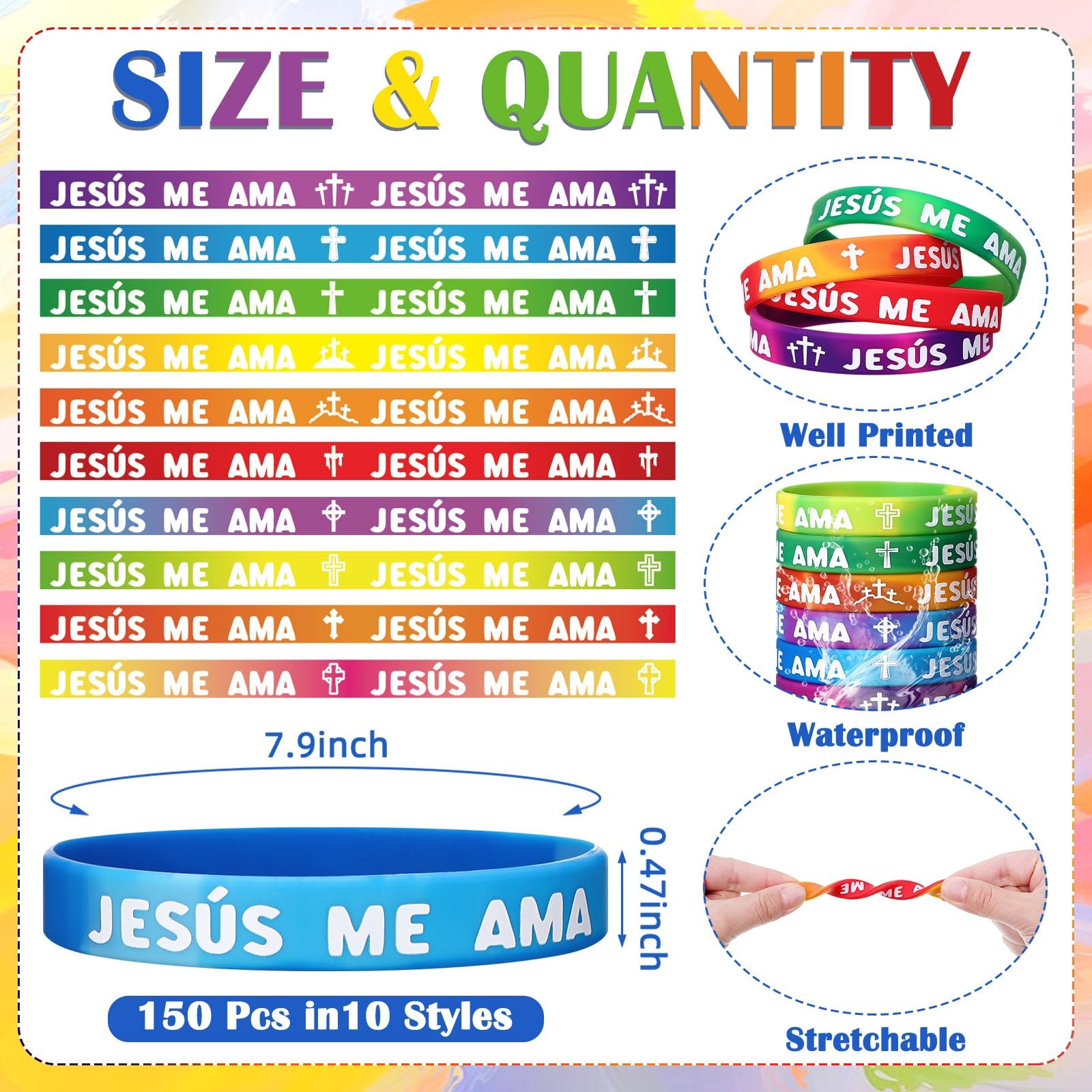 100 Pcs Spanish Jesus Loves Me Wristbands Bulk 10 Styles Rainbow Jesus Me Ama…