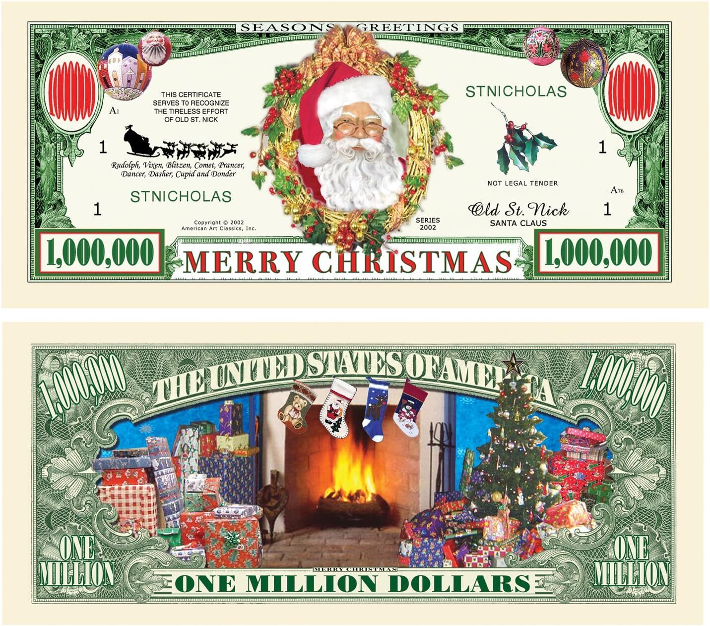 1000 TOTAL – Million Dollar Santa Claus Dollar Merry Christmas Holiday Bills