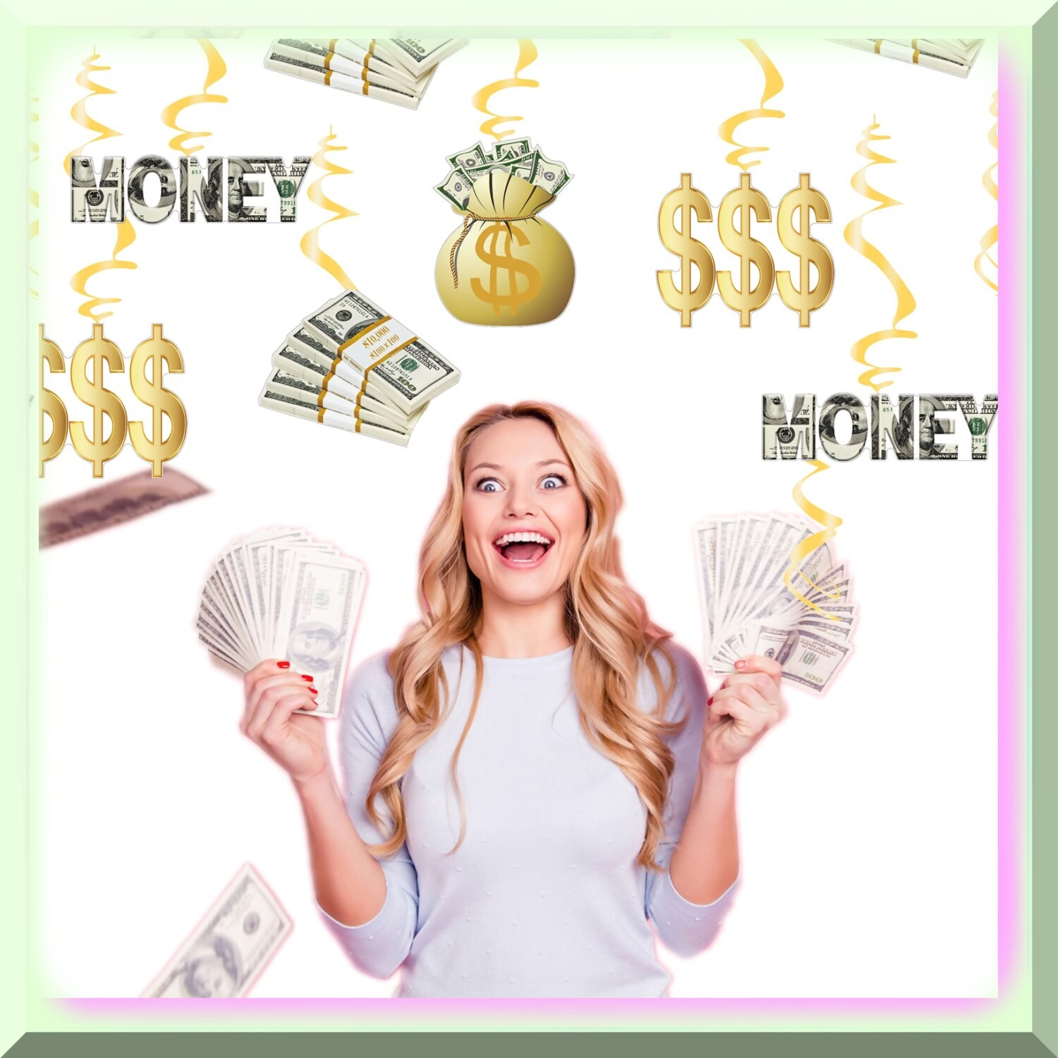 Money Celebration Set with Dollar Sign Banner and Swirls