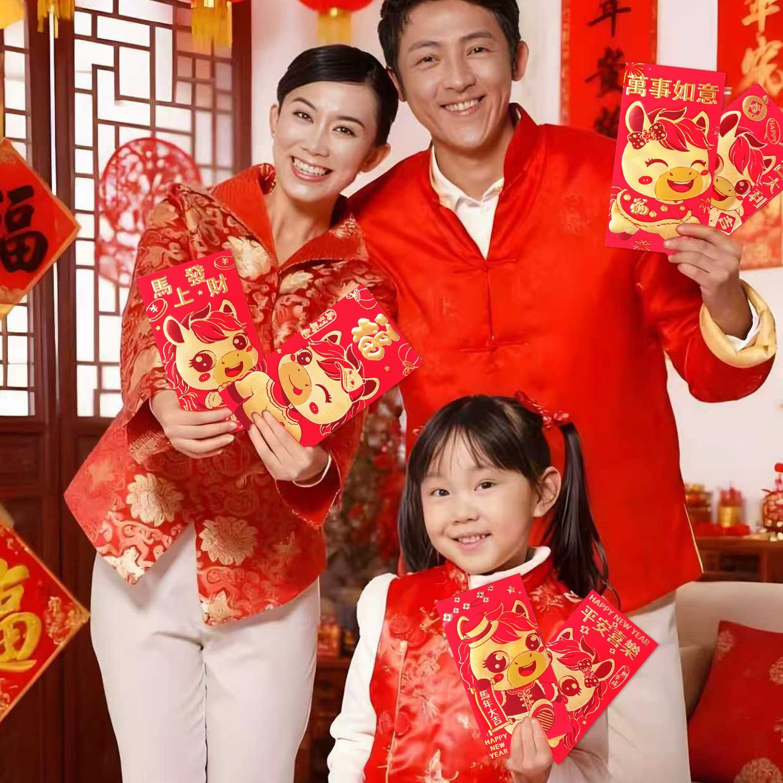 Chinese New Year Red Envelopes, Lunar 6.6 x 3.5 inches, with Gold Accents